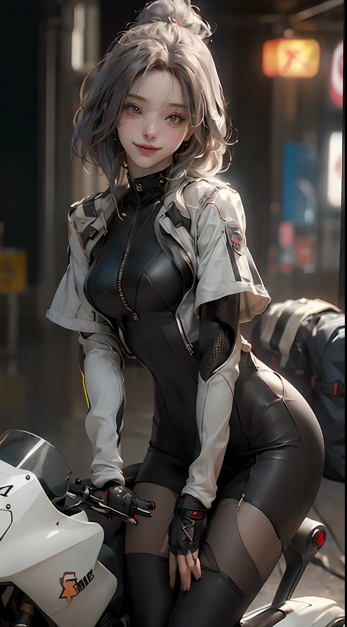 ((Best Quality)), ((Masterpiece)), (Detail: 1.4), 3D, A Beautiful Cyberpunk Female Figure, HDR (High Dynamic Range), Ray Tracing, NVIDIA RTX, Super-Resolution, Unreal 5, Subsurface Scattering, PBR Texture, Gray Hair, Incredibly Long Hair, Smile, Look Down, Ride a Motorcycle, Post-Processing, Vista, Full Body, Anisotropic Filtering, Depth of Field, Maximum Clarity and Clarity , Multilayer Textures, Albedo and Specular Maps, Surface Coloring, Accurate Simulation of Light-Material Interactions, Perfect Proportions, Octane Render, Bicolor Light, Large Aperture, Low ISO, White Balance, Rule of Thirds, 8K RAW,