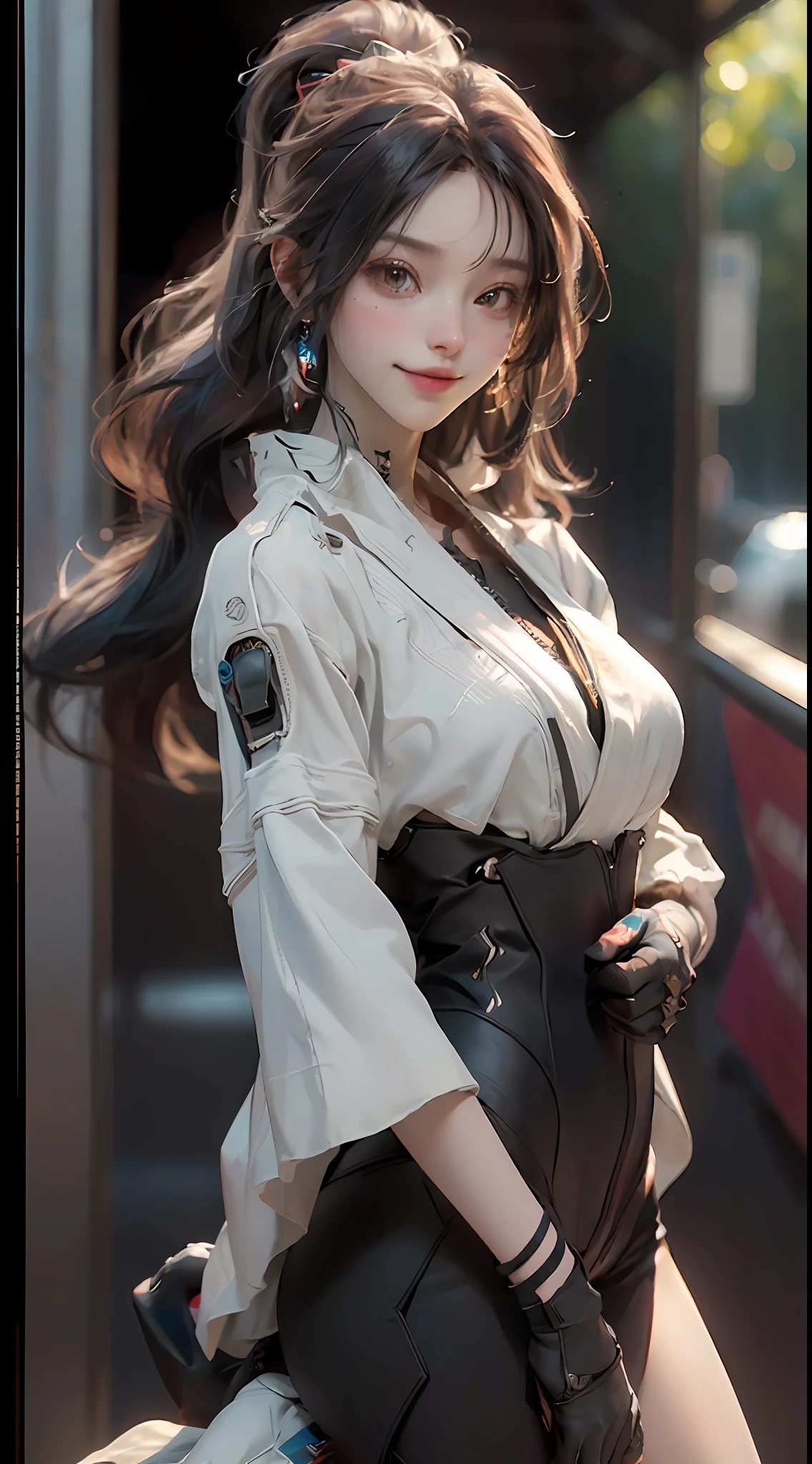 ((Best Quality)), ((Masterpiece)), (Detail: 1.4), 3D, A Beautiful Cyberpunk Female Figure, HDR (High Dynamic Range), Ray Tracing, NVIDIA RTX, Super-Resolution, Unreal 5, Subsurface Scattering, PBR Texture, Gray Hair, Incredibly Long Hair, Smile, Look Down, Ride a Motorcycle, Post-Processing, Vista, Full Body, Anisotropic Filtering, Depth of Field, Maximum Clarity and Clarity , Multilayer Textures, Albedo and Specular Maps, Surface Coloring, Accurate Simulation of Light-Material Interactions, Perfect Proportions, Octane Render, Bicolor Light, Large Aperture, Low ISO, White Balance, Rule of Thirds, 8K RAW,