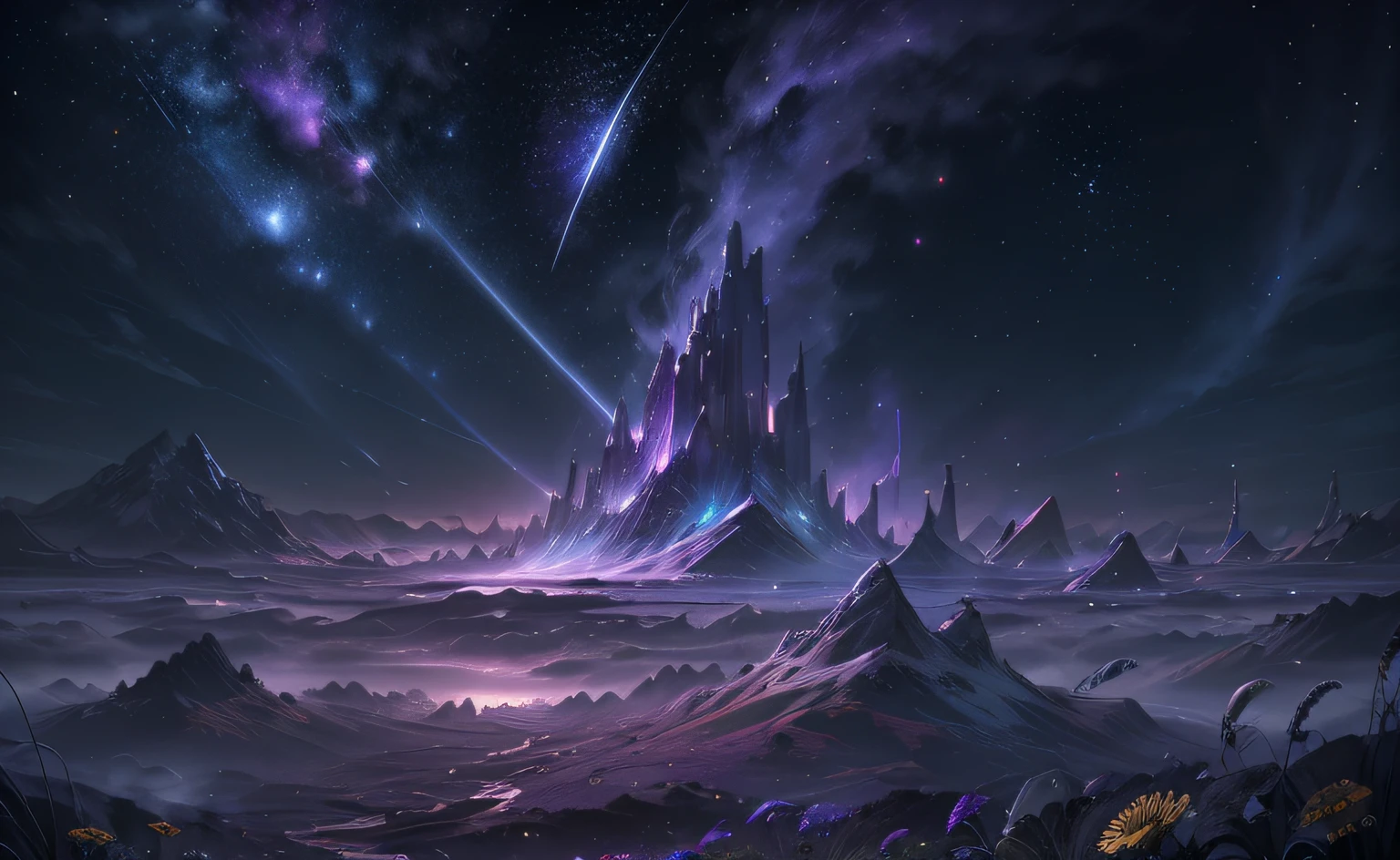 (Absurd, Cinematic, UHD, taller, ultra detailed, ultra detailed), dark purple sky, nebula in the sky, last 5 in the sky, big moon in the sky, shooting star, dandelion field, mountain, oil painting, detailed dandelion field, detailed sky, sunset, unreal engine, 4k wallpaper, sharp focus, magical, intricate, surrealism, fantasy, composition, light, art station trend, Pearl, Silver Patronus Cloud Pair, 16K Caustic Surround Ray Family, Unreal Air 23V4 Uplight