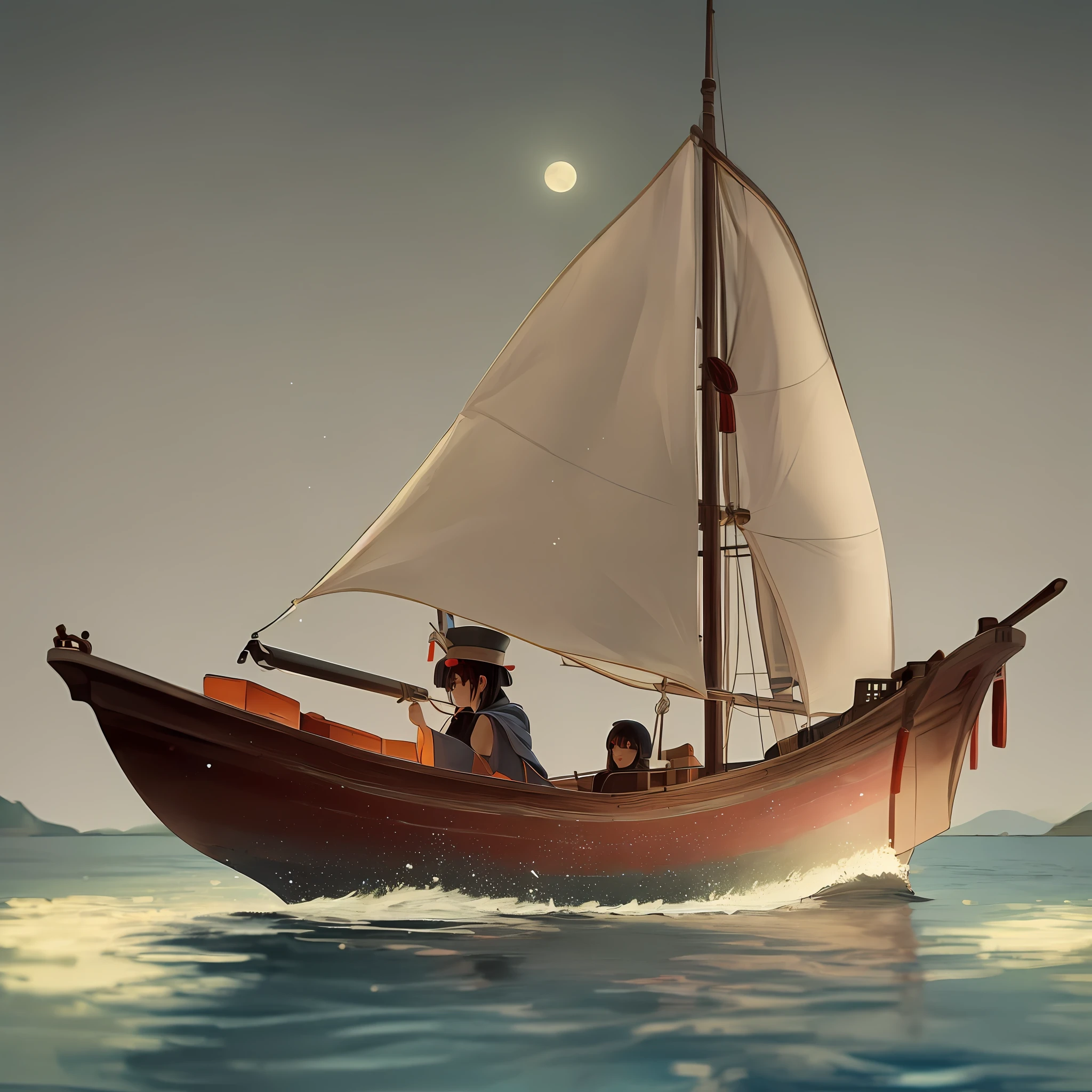 One night in the Song Dynasty in China，The moon is round and bright in the night sky，There is a small boat in the middle of the wide lake，It was dark all around，There is a lamp hanging from the ship，There were two people drinking and chatting