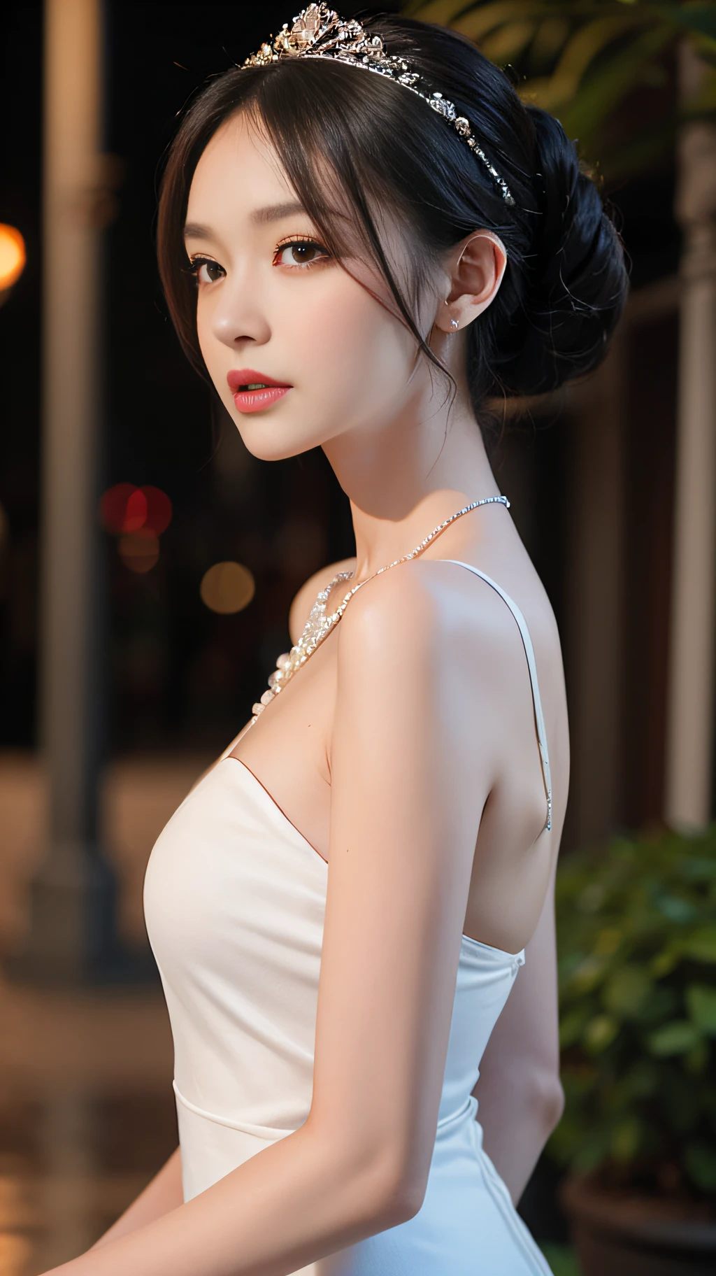 ((addielyn, wearing glass, black hair)), Random posture, (An extremely delicate and beautiful work), (masterpiece), 1girl, extremely detailed elegant wedding dress, tiara, highly detailed, ponytail contorted, charming expression, beautiful and clear eyes, green eye pupil, delicate necklace, delicate earrings, simple blurred background, extreme detail description, beautiful, charming, ultra-fine painting, delicate face, delicate figure, Fine collarbones, lovely lips, soft behind, mix4,(8k, RAW photo, best quality, masterpiece:1.2), (realistic, photo-realistic:1.37),1girl,cute,cityscape, night, rain, wet, professional lighting, photon mapping, radiosity, physically-based rendering, above waist,