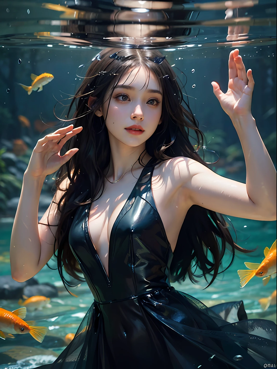 (submerge in the water),1girl, solo focus, child,  black long hair, daisy, white silk dress, realistic, looking at the camera, slightly smiling, waving, in the lack with golden fishes, cinematic lighting, trending on ArtStation, by Irakli Nadar, Greg Rutkowski，(((best quality))),(((ultra detailed))),(((masterpiece)))