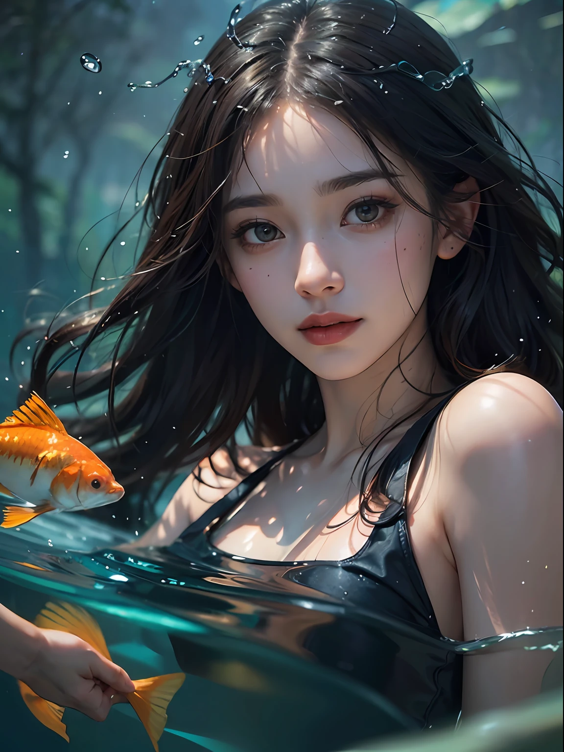 (submerge in the water),1girl, solo focus, , black long hair, daisy, white silk dress, realistic, looking at the camera, slightly smiling, waving, in the lack with golden fishes, cinematic lighting, trending on ArtStation, by Irakli Nadar, Greg Rutkowski,(((best quality))),(((ultra detailed))),(((masterpiece)))