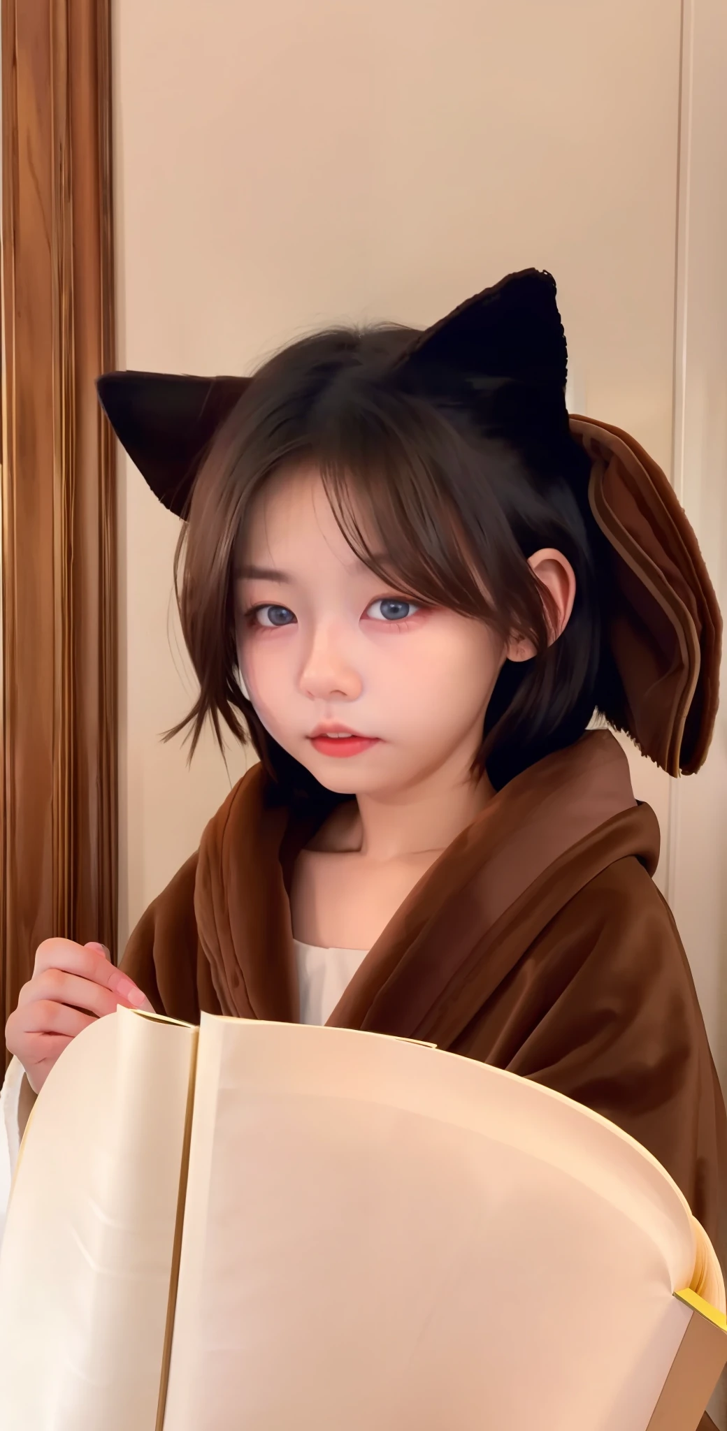 Brown-eared robe，a baby face，Reddening cheeks，Reading a book，The eyes are pink with astral eyes