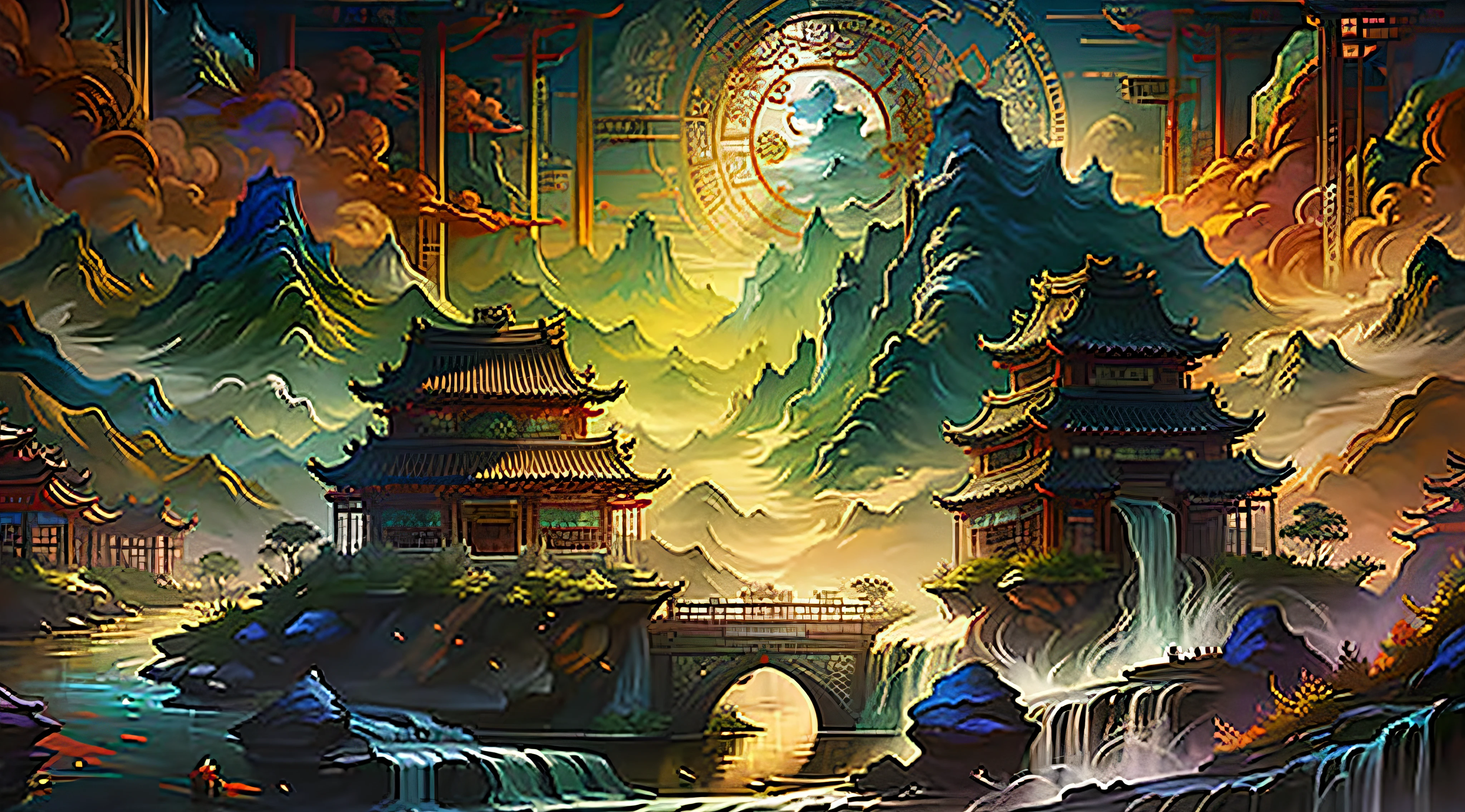 ancient chinese painting, ancient chinese background, mountains, river, auspicious clouds, pavilions, sunlight, masterpiece, super detail, epic composition, ultra hd, high quality, extremely detailed, official art, unified 8k wallpaper, super detail