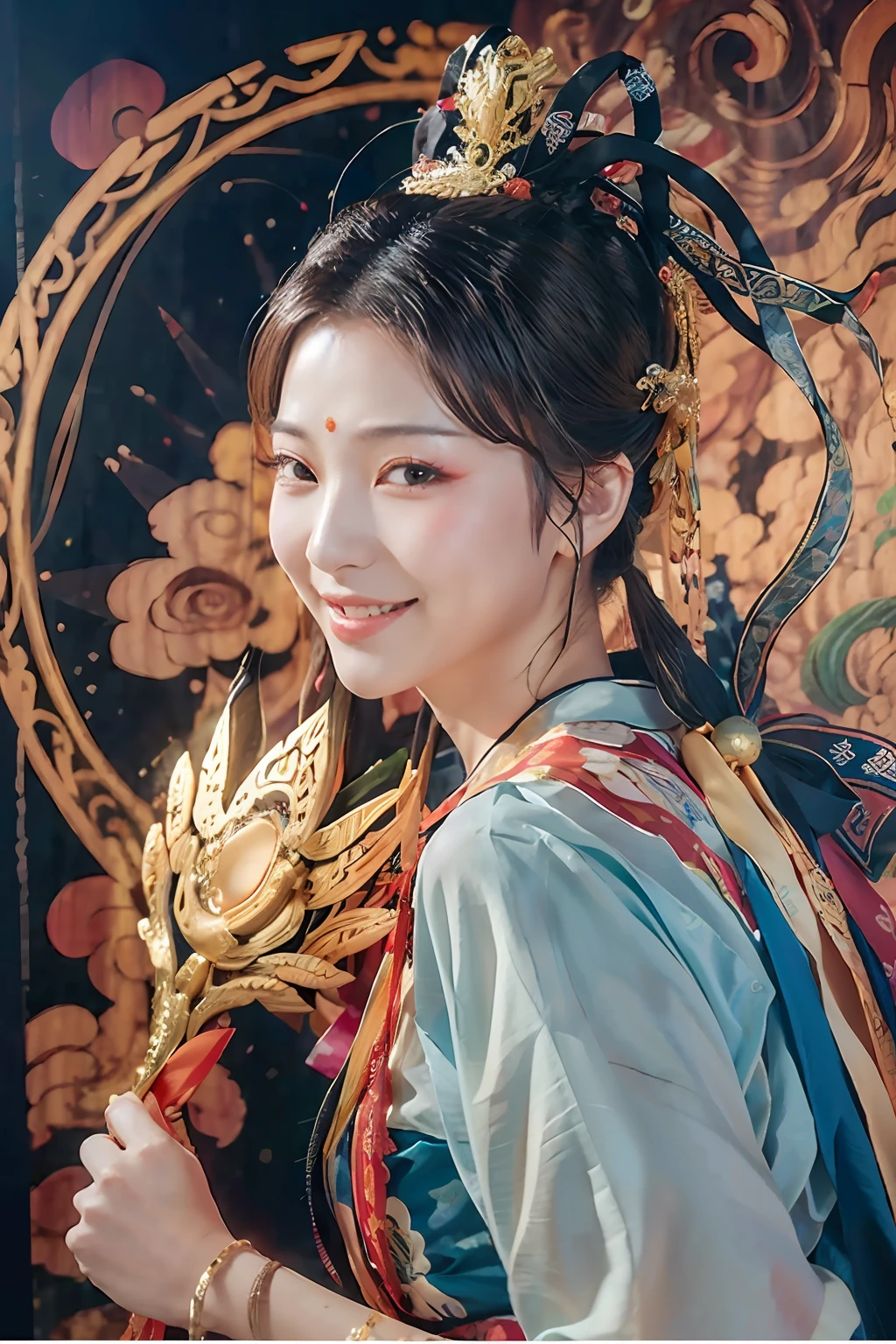 Official Art, Unified 8K Wallpapers, Ultra Detailed, Beautiful and Aesthetic, Masterpiece, Best Quality, (Zentangle, Tangle, Entangle), (fractal art: 1.4), 1girl, very detailed, dynamic angle, cowboyshot, (most beautiful form chaos), ethereal, (bright colors), oc, (full body: 0.8), china, (thangka flying sky: 1.5), (ribbon: 1.3), (dream: 1.5), (hanfu: 0.7), (smile: 0.5), (Chinese deity), upper body close-up