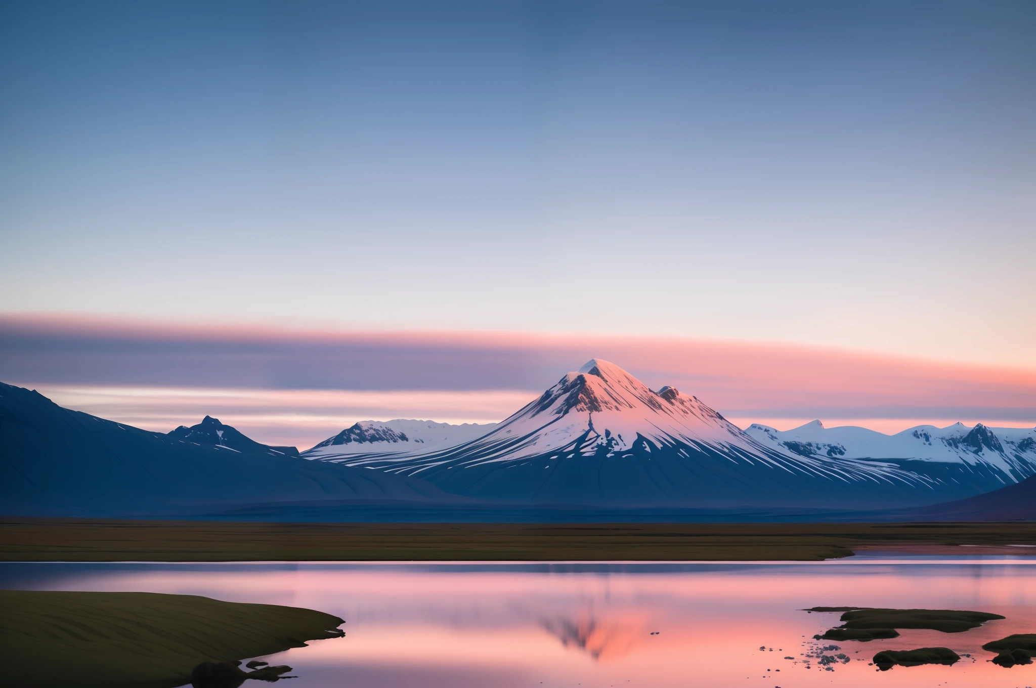 late sunset，The mountains are reflected in the lake，pink skies, beautiful mountains, 4K tranquility, snow capped mountains, mountain sunrise, beautiful mountains behind, iceland landscape photography, Mountain, scenic mountain setting, iceland, tall mountains in the horizon, ryan dyar, an amazing landscape image, mount doom, iceland landscape，White dishwasher in the middle
