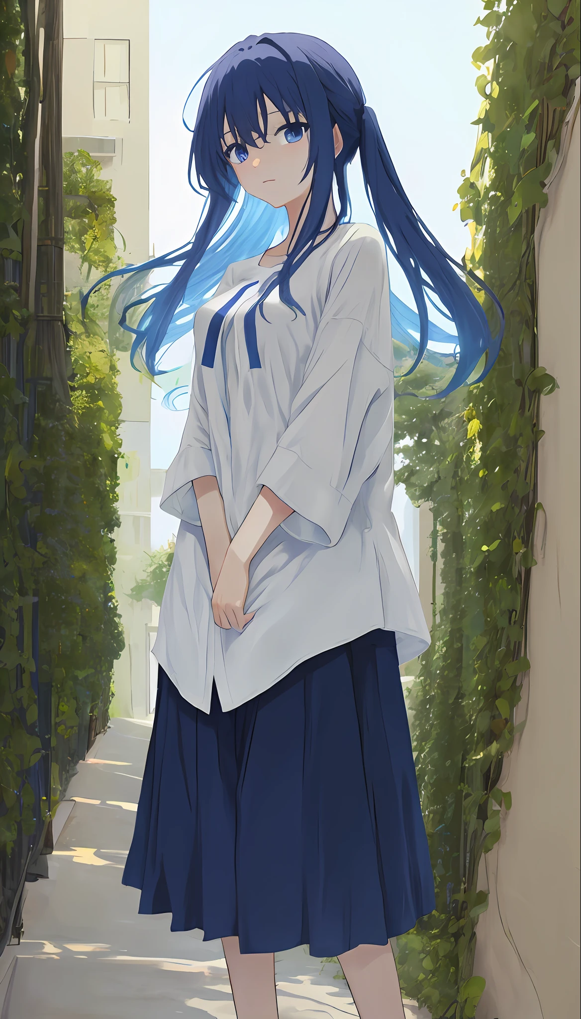 anime big breast，dark-blue hair，dual horsetail，Dull hair，Men's shirts，Kizi，long whitr hair，Light blue eyes，flatchest，White skin，Gentle eyes。