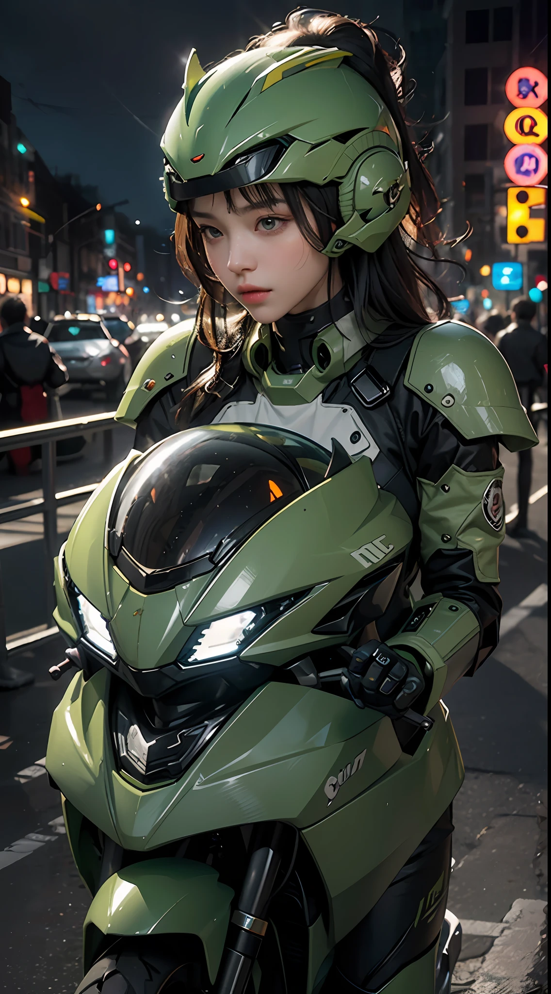 Highest image quality, outstanding details, ultra-high resolution, (realism: 1.4), the best illustration, favor details, highly condensed 1girl, with a delicate and beautiful face, dressed in a black and green mecha, wearing a mecha helmet, holding a directional controller, riding on a motorcycle, the background is a high-tech lighting scene of the future city.