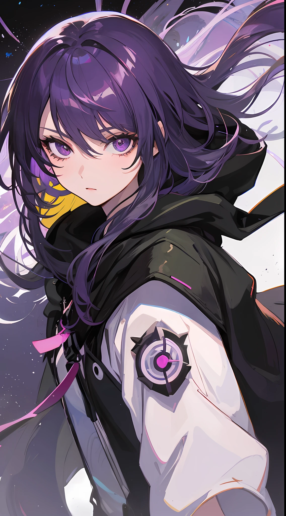 1girll,Long dark purple hair,Bangs side points,long whitr hair,hair flowing,a purple eye,wearing in black cloak,Wearing a hood,Cyberpunk style,heroic look,Her expression was cold,style of anime