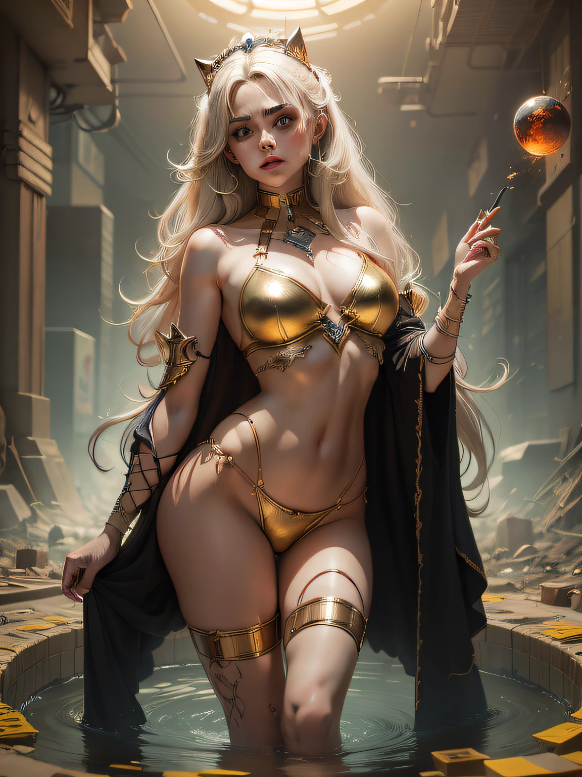 (Best quality, masterpiece, ArtStation, Fantasy Art:1.2),a beautiful cute girl, long clothes, standing in water pool, golden shower background, (long gold hair, tiara:1.1), (intricate gold body paint, black crop top, stockings:1.2) --auto