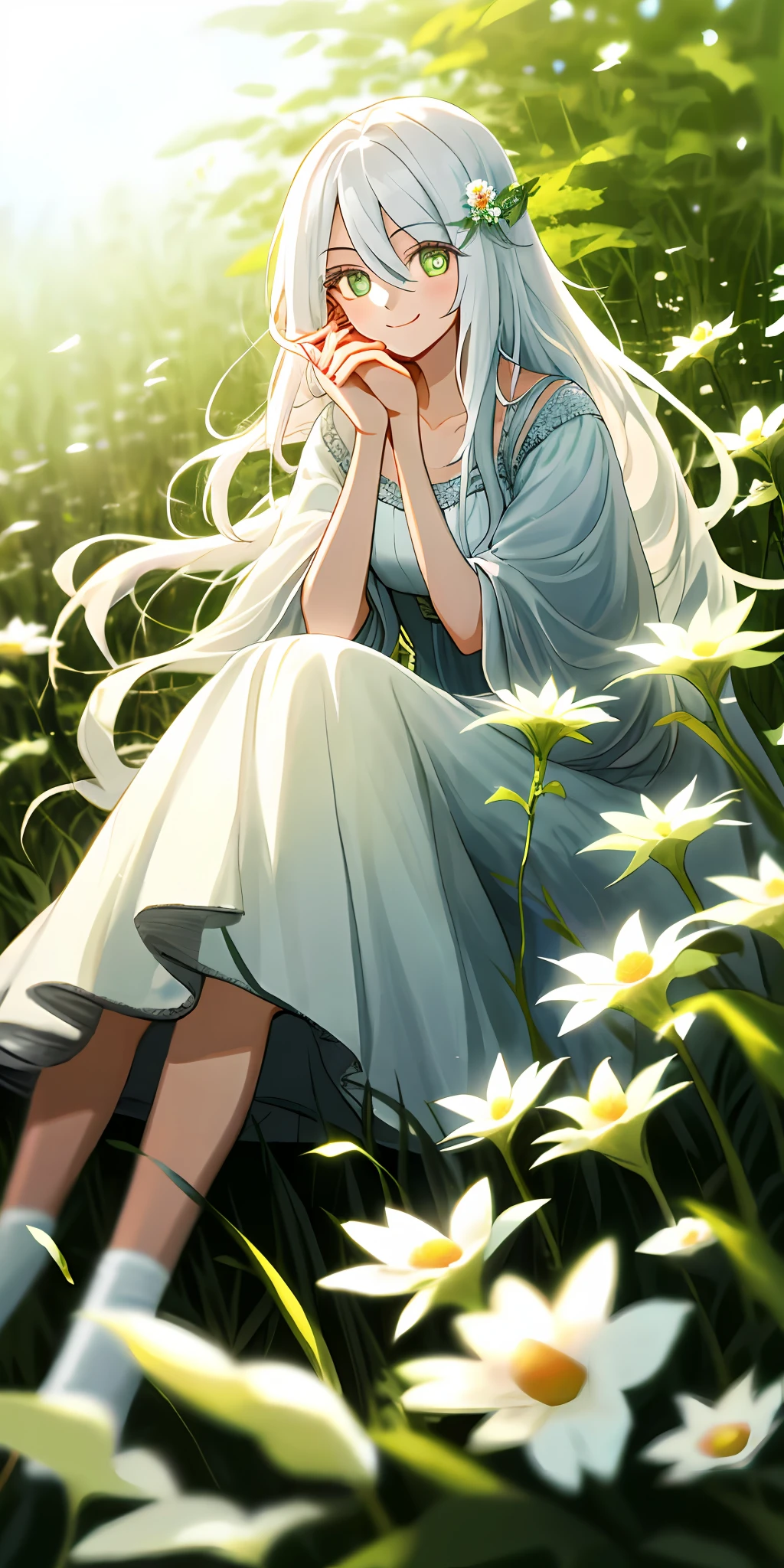 （tmasterpiece，best qualtiy），1 girl with long white hair sitting in a field of greenery and flowers，her hand under her chin，warmly lit，white dresses，Blurred foreground，Holding a flower in the other hand，A happy smile on his face