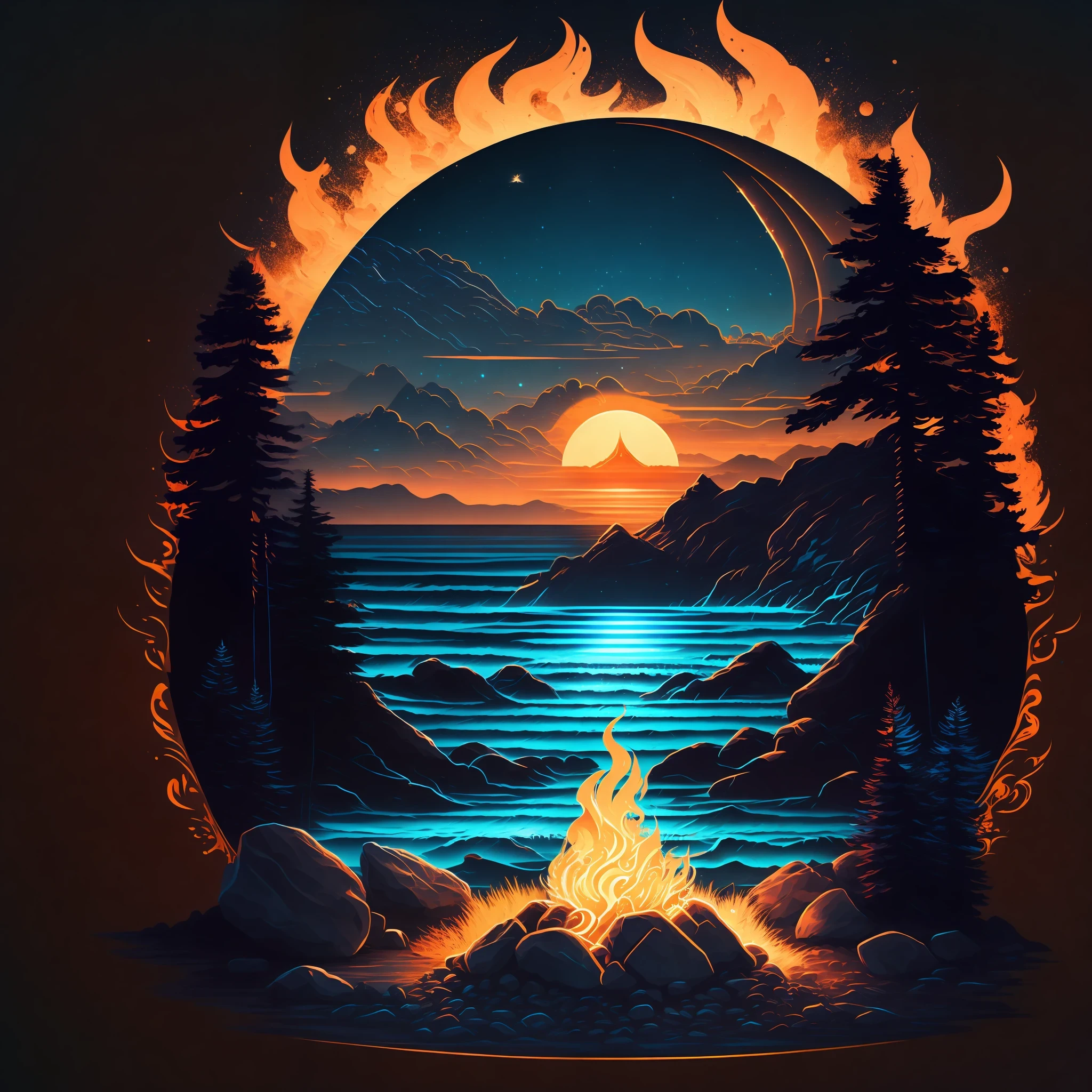A firepit in a beach at night, T-shirt design, Midjourney, Vector Art, Hydro74