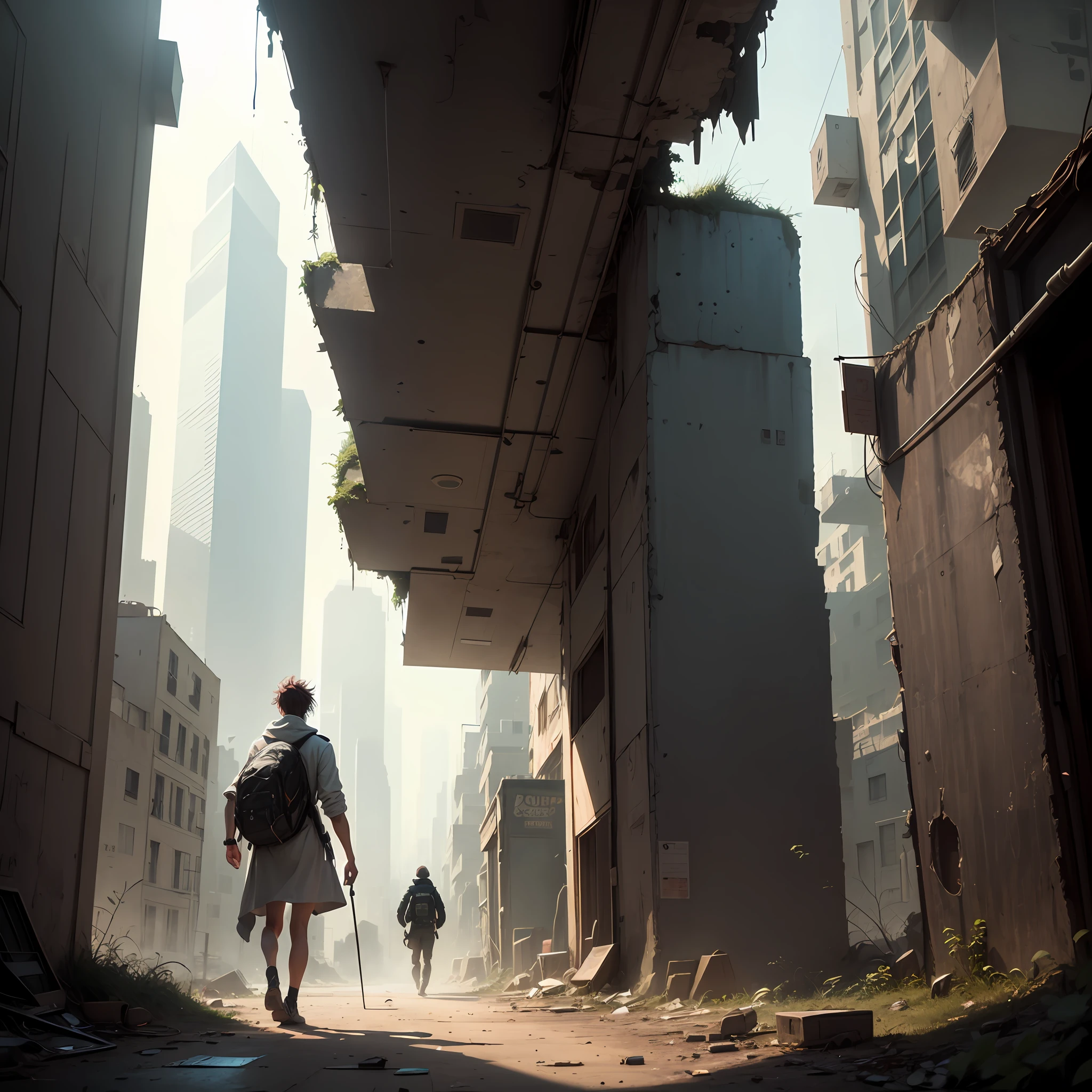 A scavenger walking in an abandoned futuristic city，Hair and shoulder length --auto