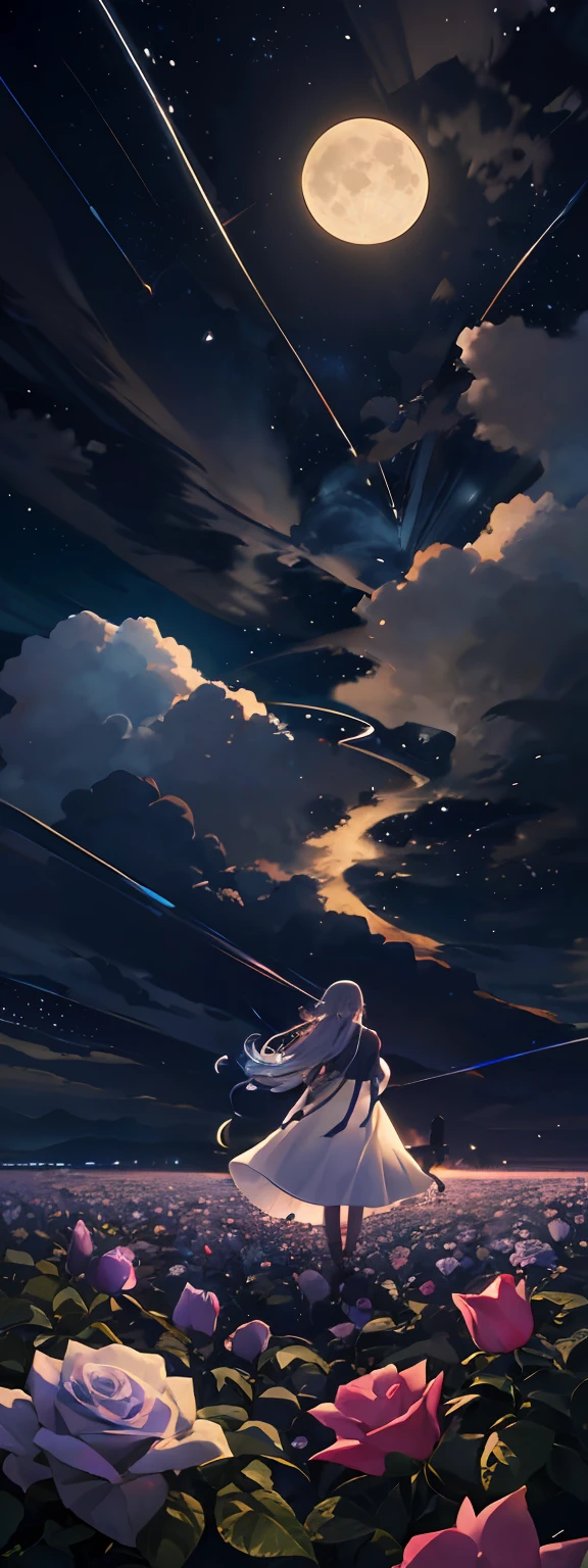 Expansive landscape photograph,(look from down,Above is the sky,Below are open fields),A girl standing on a flower field looking up,(moon full:1.2),(meteors:0.9),(Starcloud:1.3),Far Mountain, Tree BREAK making art,(Warm light source:1.2),(glowworm:1.2),lamp lights,Lots of purple and orange,Complicated details,Volumetriclighting,Realism BREAK(tmasterpiece:1.2),(best qualtiy),4k,Ultra-detailed,(dynamic compositions:1.4),The is very detailed,Colorful details,(Irridescent color:1.2),(luminouslighting,Atmospheric lighting),dream magical,magical,(独奏:1.2),long whitr hair,Floral dress,Rose flower,Flowers,
