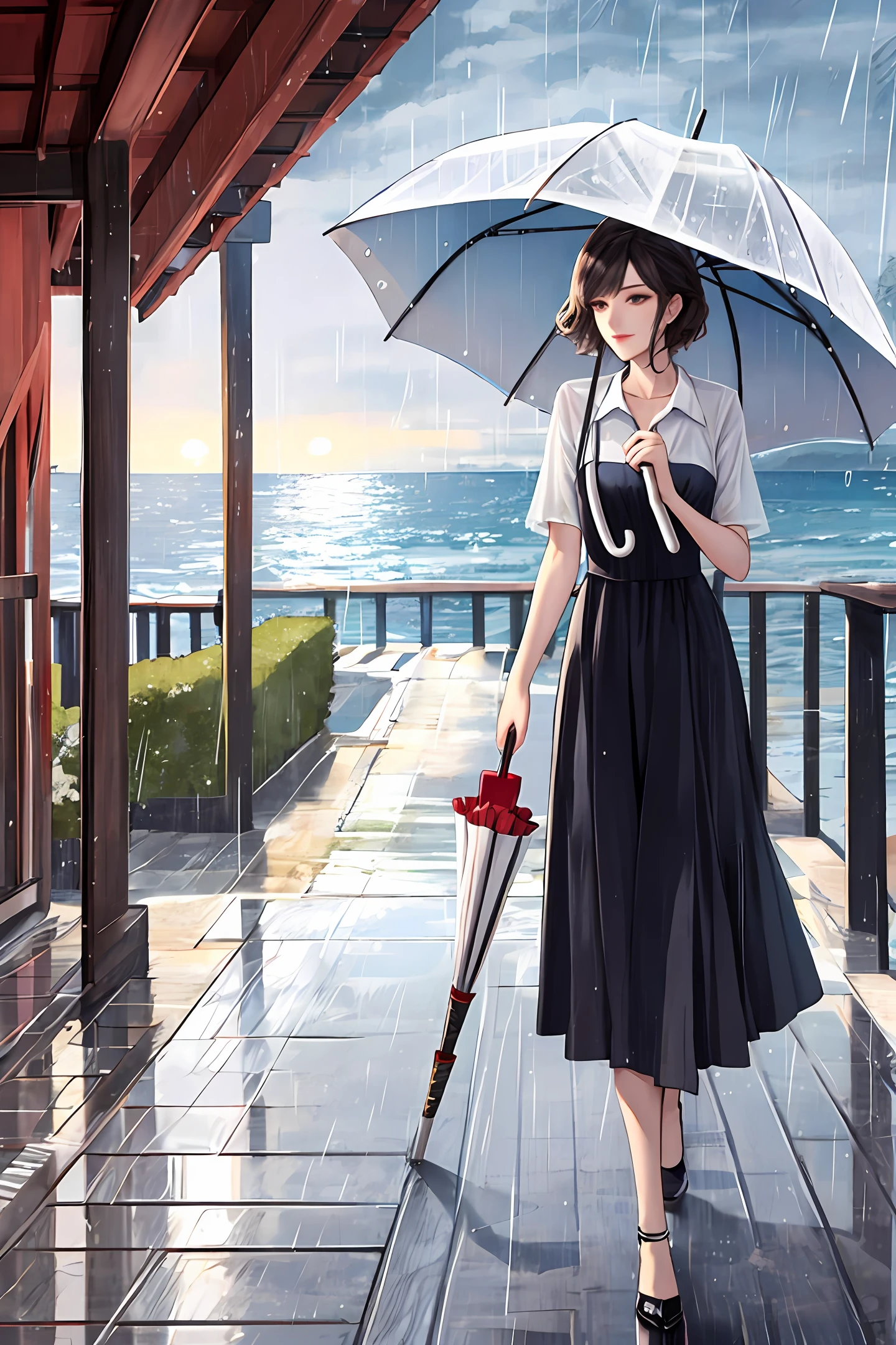 A beauty walking by the sea,rained,An umbrella