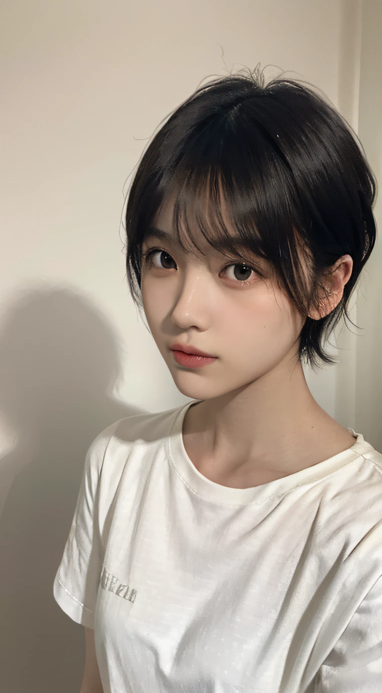 20 years old woman, short-hair, Calm tone, subdued colors, (Natural skin texture, hyperrealism, Soft light, edgy), a white T-shirt, JINS, Dressing room