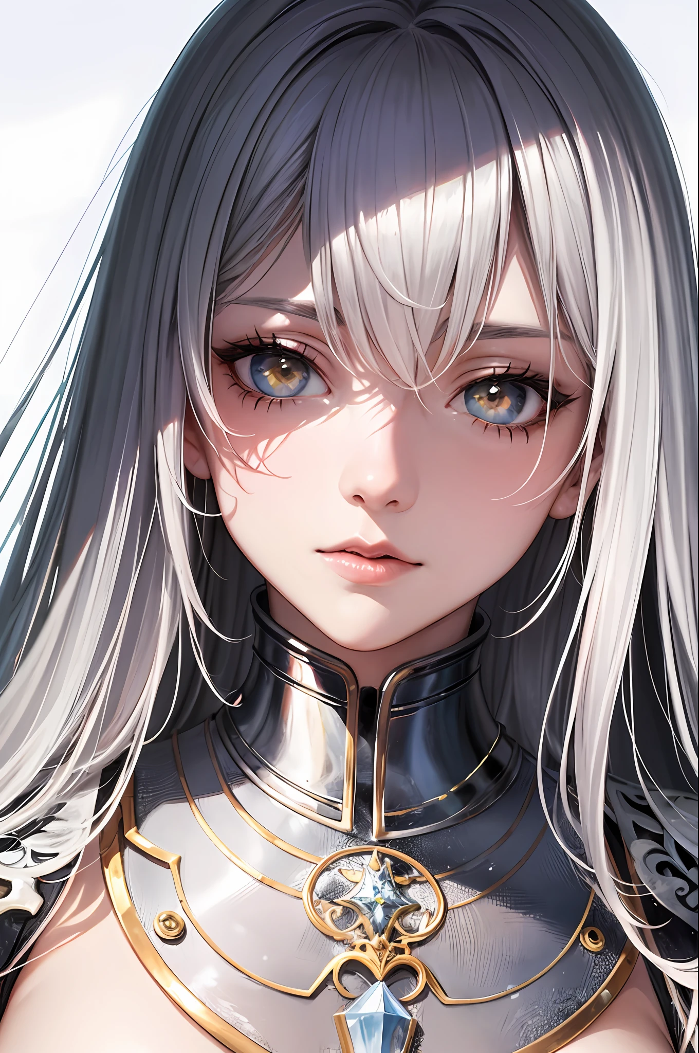 (tmasterpiece,top Quority,best qualtiy,offcial art,Beauty and aesthetics:1.2),(1girll),Extremely detailed,(s fractal art:1.3),Extremely colorful,Most detailed,Silvery-white hair,Golden pupils,future warrior,With a machete,Exoskeleton armor,The sense of sacredness,There are complex mechanical devices on the body,Royal sister