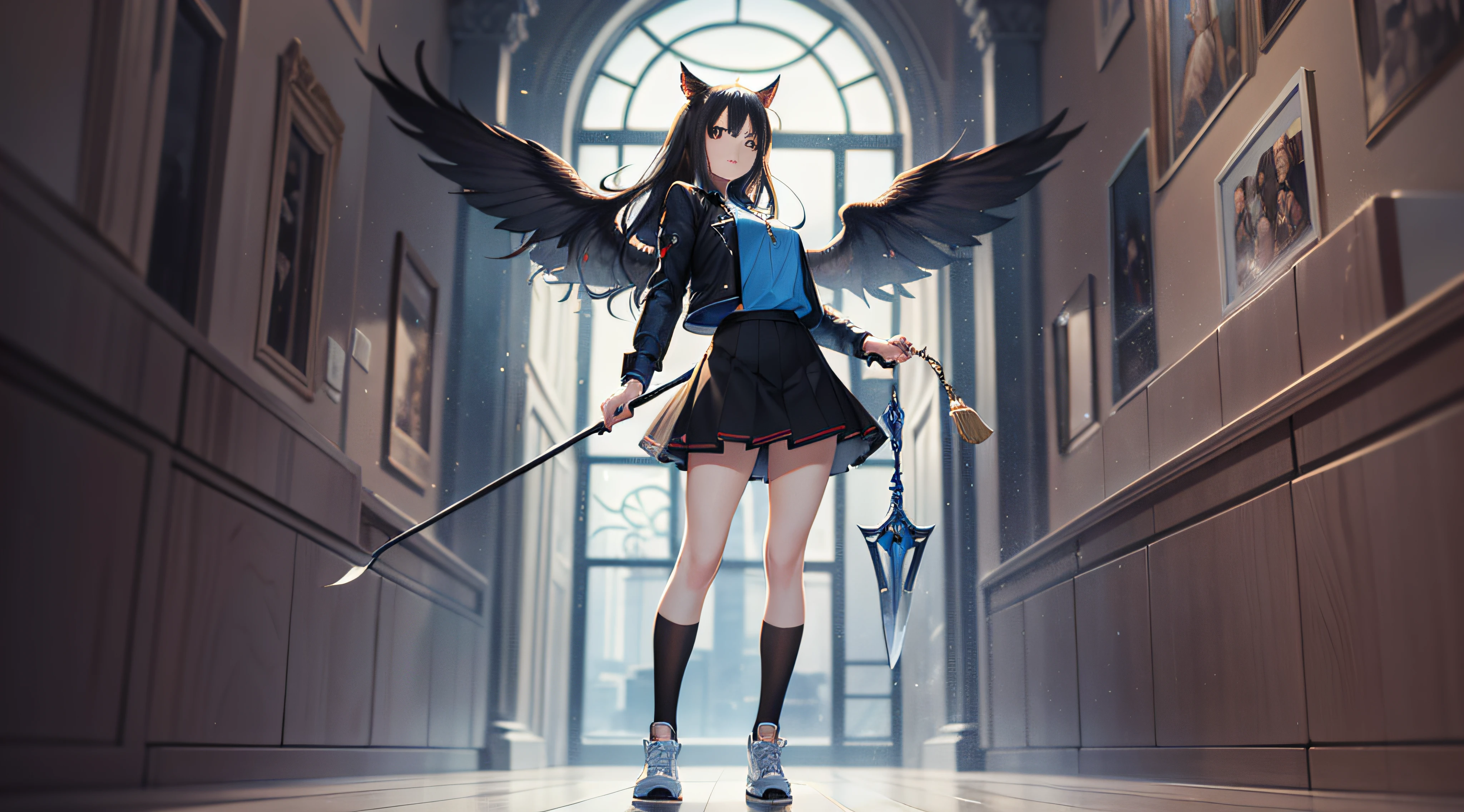 whaite hair, long whitr hair, Red eyes, angelicales, teens girl, cat ear, (Long-handled weapon:1.5), Black jacket with blue shirt, short  skirt, White sneakers, white short socks,( Black wings:1.8), crosses, Compassionate people Ultra HD, retinas, Masterpiece, ccurate, Textured skin, Anatomically correct, Super detail, Award-Awarded, Best quality, High details, High quality, A high resolution, 8K，Masterpiece，Best quality，illustration，Extremely detailed CG unifies 8K, 8K, Diamond, and wallpaper，created by famous artists，large-scale masterpiece Digital art，Detailed manga illustrations，Ultra-detailed，finely detailed，A high resolution，stunning art，intricately details，Beautifully painted，1girll，Solo，Full body like，standing on your feet
