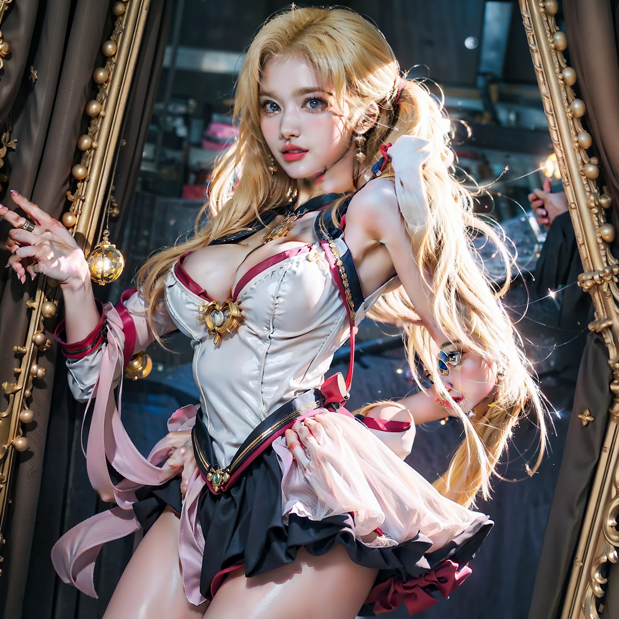 blond haired woman in sailor costume holding a wand and a mirror, sailor moon style, inspired by Sailor Moon, anime girl cosplay, cosplay photo, sailor moon aesthetic, the sailor moon. beautiful, anime cosplay, by Sailor Moon, glamourous cosplay, professional cosplay, sailor moon!!!!!!!!, cosplay, publicity cosplay, captured on canon eos r 6, full-cosplay, big boobs, gigantic boobs, busty, cleavage, show cleavage, crescent moon and background, crescent moon and stars