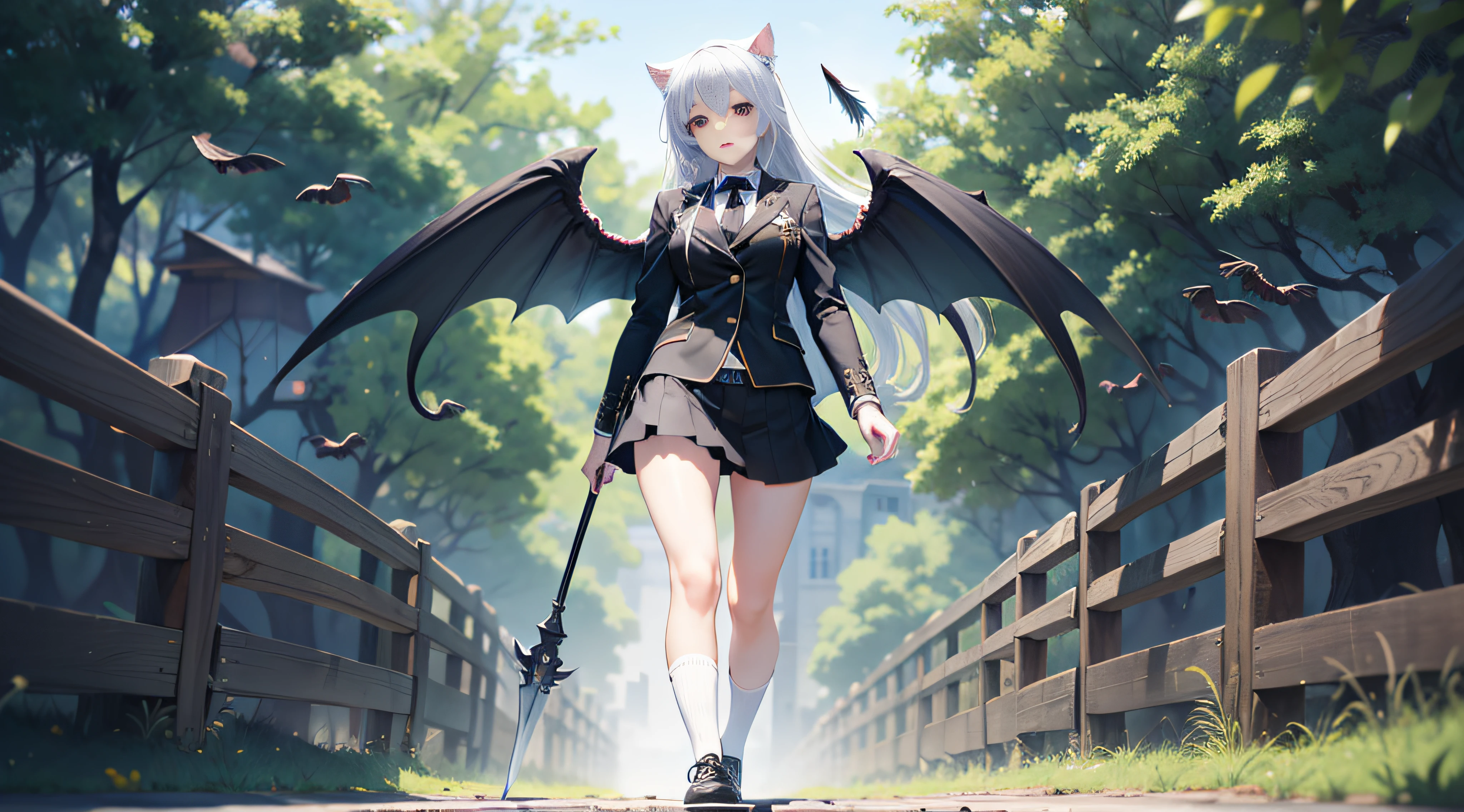 whaite hair, long whitr hair, Red eyes, angelicales, teens girl, cat ear, (Long-handled weapon:1.5), Black jacket with blue shirt, short  skirt, White sneakers, white short socks,( Black wings:1.8), crosses, Compassionate people Ultra HD, retinas, Masterpiece, ccurate, Textured skin, Anatomically correct, Super detail, Award-Awarded, Best quality, High details, High quality, A high resolution, 8K，Masterpiece，Best quality，illustration，Extremely detailed CG unifies 8K, 8K, Diamond, and wallpaper，created by famous artists，large-scale masterpiece Digital art，Detailed manga illustrations，Ultra-detailed，finely detailed，A high resolution，stunning art，intricately details，Beautifully painted，1girll，Solo，Full body like，standing on your feet