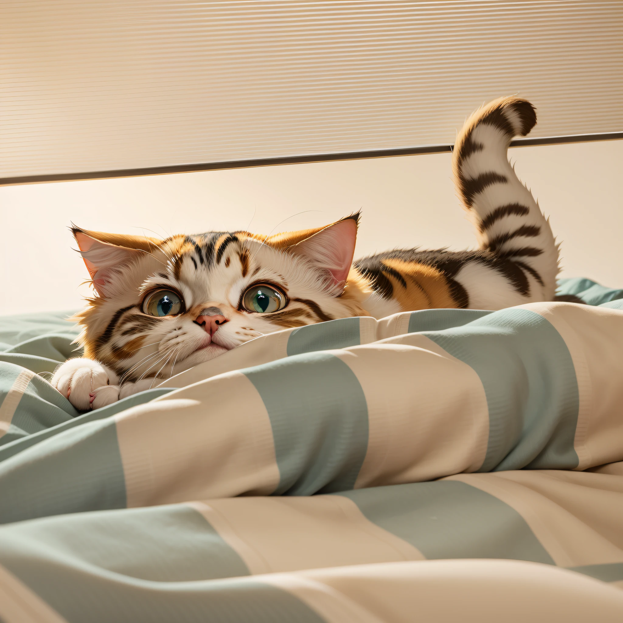 there is a cat that is laying down on a bed,There were blankets, with cute doting eyes, largeeyes, Cute cat, A cute cat, cute cat photo, Big cute eyes Round and cute big eyes, Kawaii cat, on my bed, The dream animal is very beautiful and golden, gradation, sticky --auto