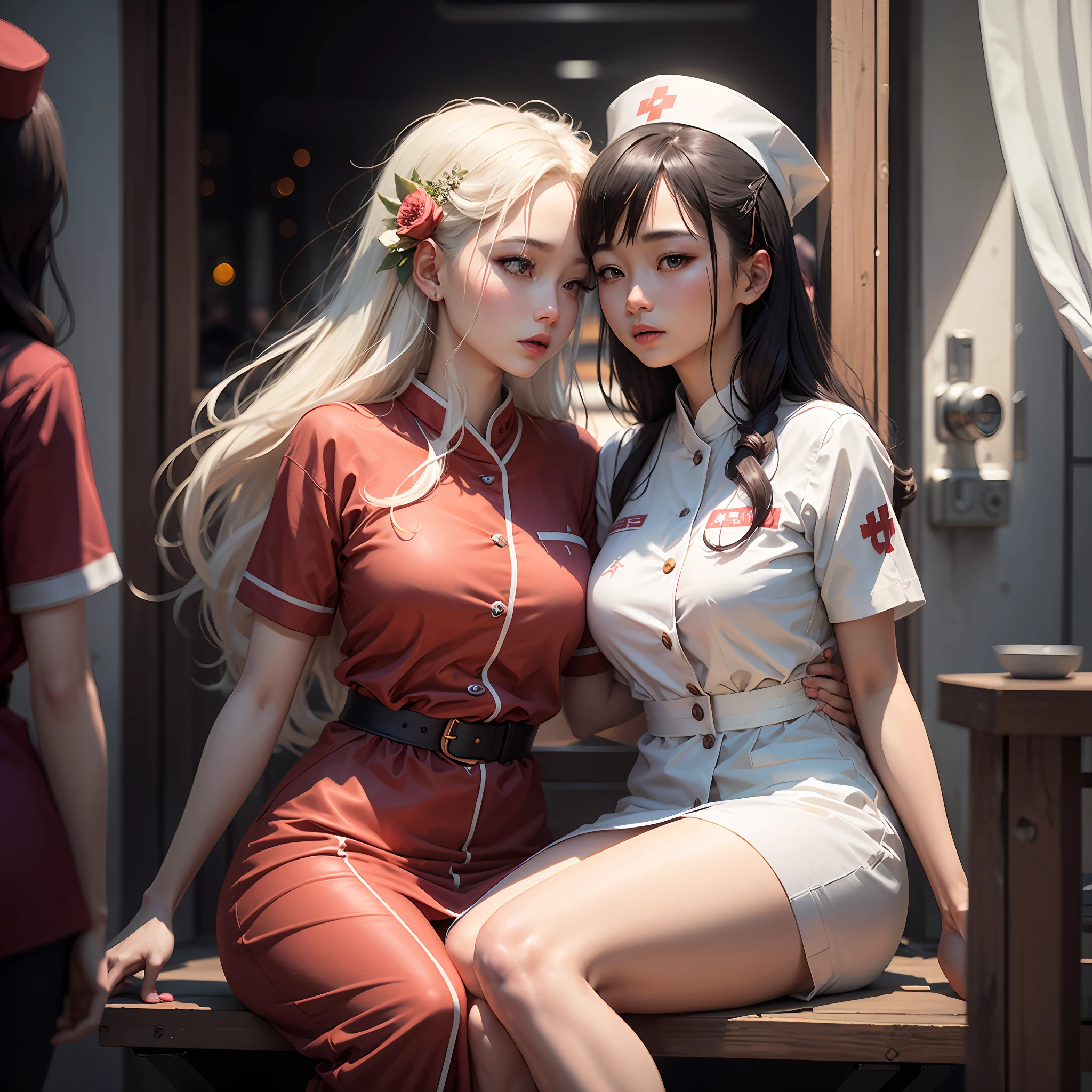 tmasterpiece,Best quality at best,high high quality,the Extremely Detailed CG Unity 8K Wallpapers,artstation,digital illustrations,复杂,Uptrend,pastel colour,oil painted,award winning photography,bokeh,depth of fields,HDR,blooms,color difference,真实感,The is very detailed,Artstation trends,CGSociety trends,复杂,high detal,dramatics,Midjourney Art,Lesbian,tongue kissing,long white hair,nurses,Be red in the face,is shy --auto
