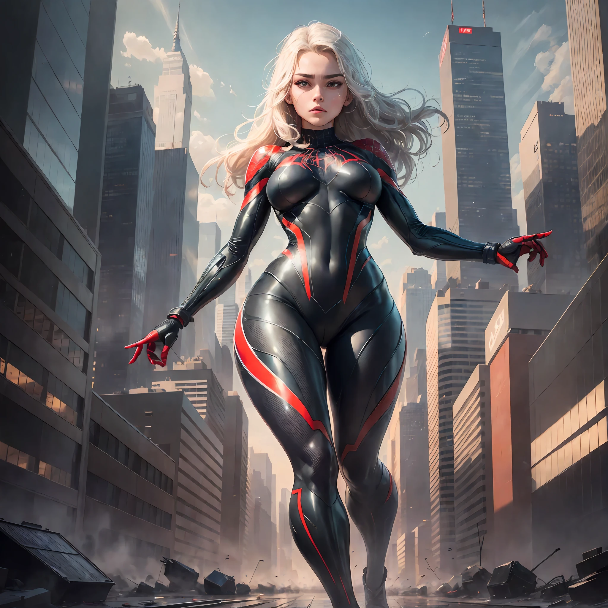 tmasterpiece，4K分辨率，Ultra photo realsisim，The is very detailed），（White superhero theme，Glamorous，there's a girl on top of town，wearing Spider-Man costume，she is a superhero），[（（20yr old），（Long gray hair：1.2），full bodyesbian，（eBlue eyes：1.2），（（Spider-Man pose），Show power，jump from one building to another），（（sandy urban environment）：0.8）|（view over city，the night，dynamic lights），（moon full））] # illustrated：The Prompt mainly describes a 4K painting of ultra-high definition，very realistic，The is very detailed。It showcases superheroines at the top of the city，wearing Spider-Man costume。The subject in the painting is a white superhero theme，The heroine has long white hair，He is 20 years old，The entire figure is shown in the painting。In terms of depicting the actions of superheroines，年轻，s girl，lithe，prosody --auto
