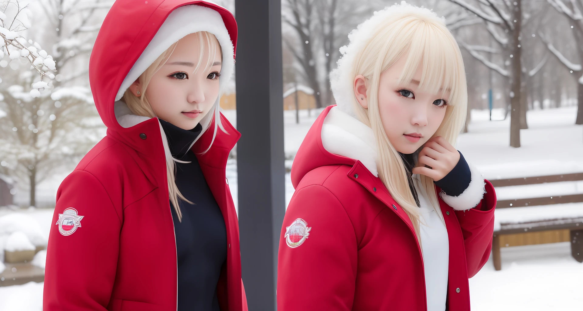 Snow, red coat, girl, yellow skin, white hair