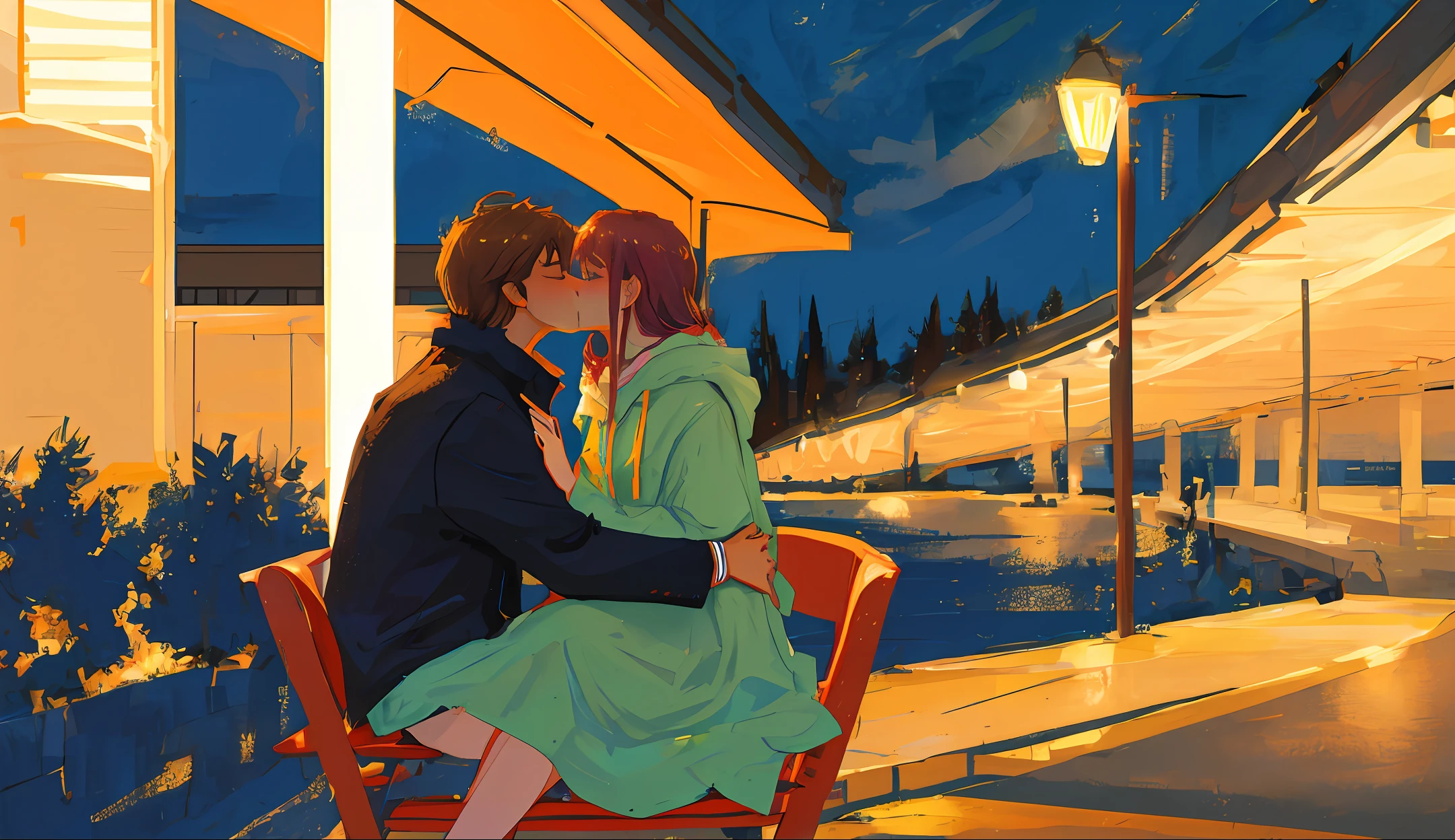 Women sit on men's lap at night and kiss