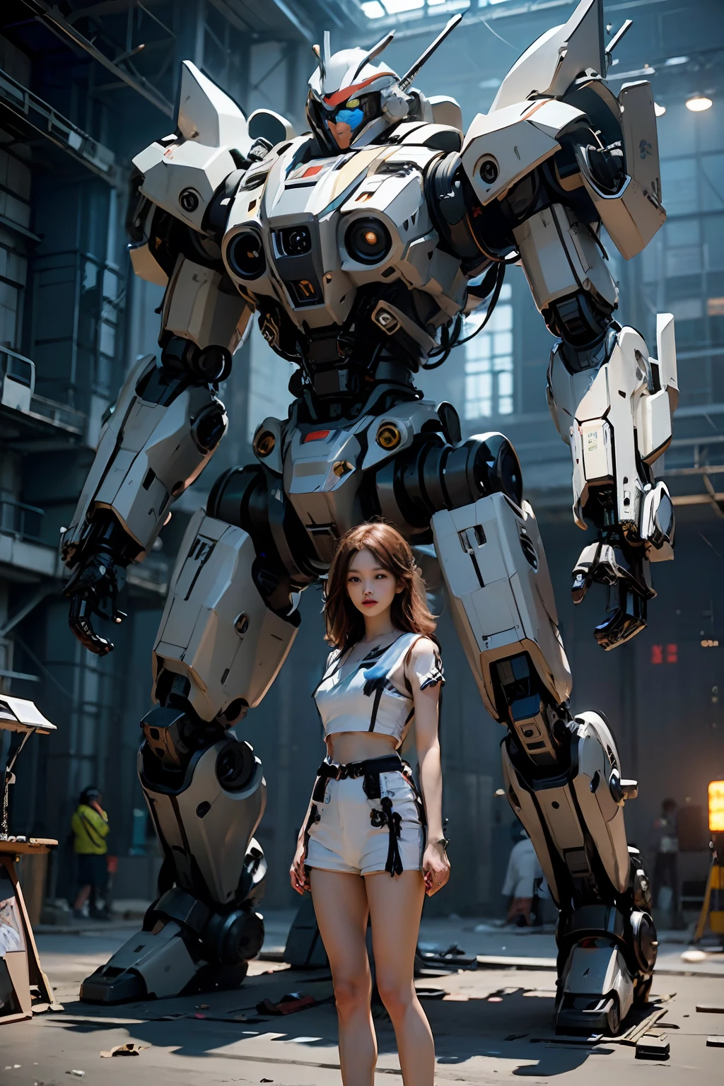 ((tmasterpiece, best qualtiy)), illustratio, Highly detailed 8K, realistic focus, profesional lighting, Complicated details, Large mechanical robot structure, micro Chip, computers, glowing effect, Shitu-mecha, 1girl stands in front of the audience in a tight futuristic costume,