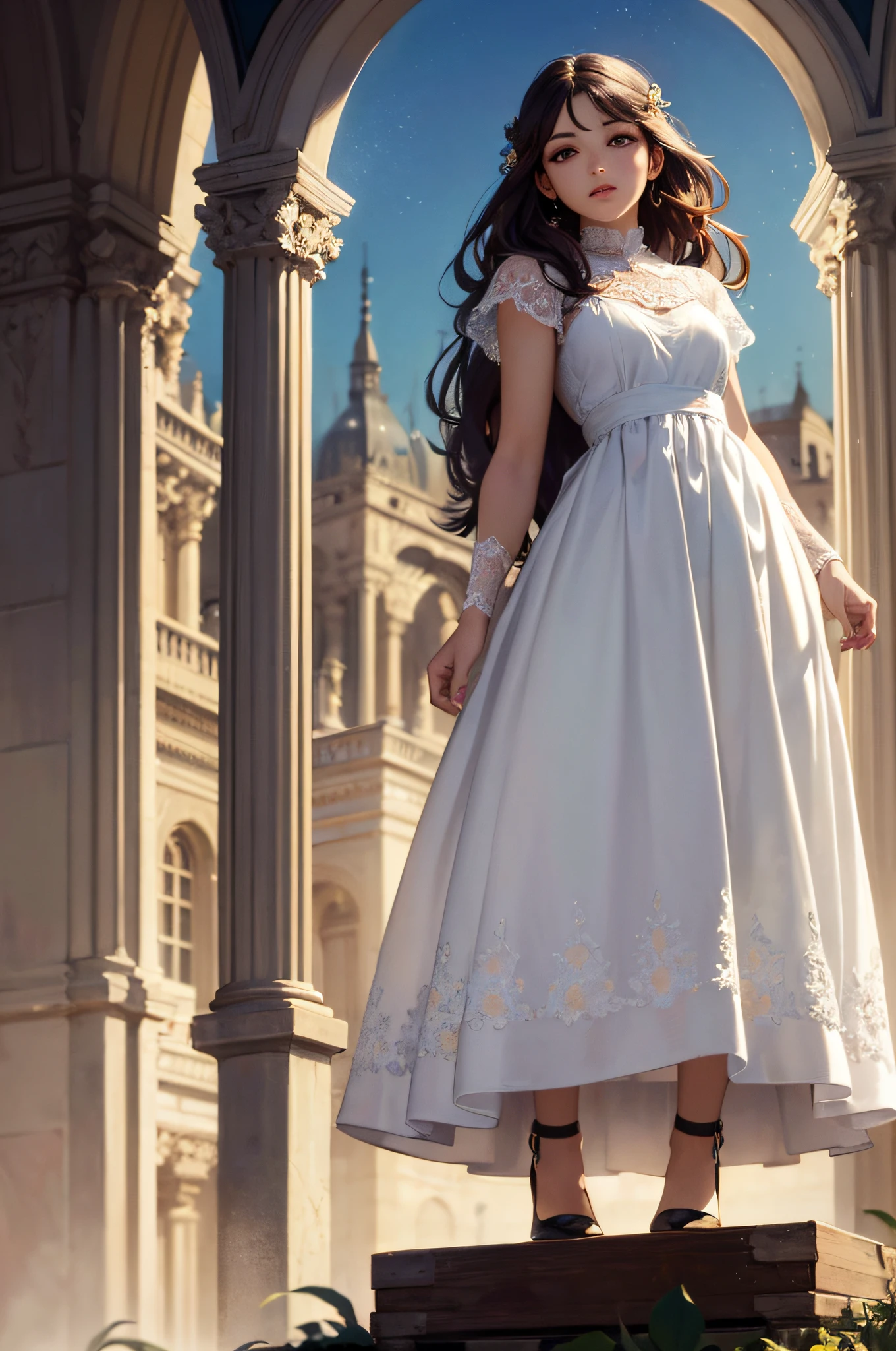Mucha, plain white dress, (ultra detailed, precise, complex, top quality). One girl, detailed face, detailed eyes,