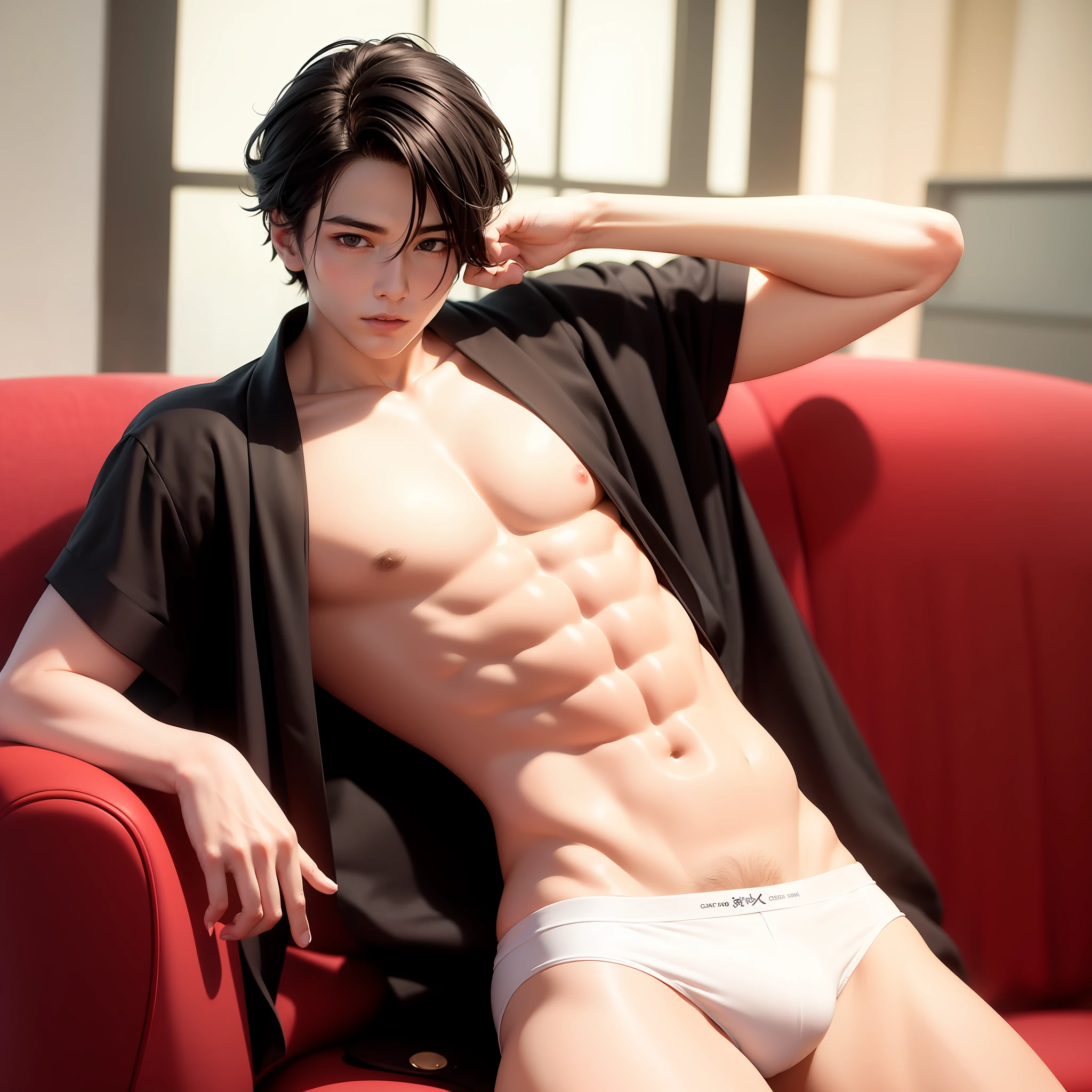 The Arad man in underwear sits on the sofa,open shirts, Handsome anime pose, Attractive pose, highly realistic photograph, pinging, cute young man, Cai Xukun, handsome japanese demon boy, Smooth translucent white skin, ultra-realistic picture, strong pose, prefect body, photorealistic perfect body, Ripped, beautiful handsome body, thin young male