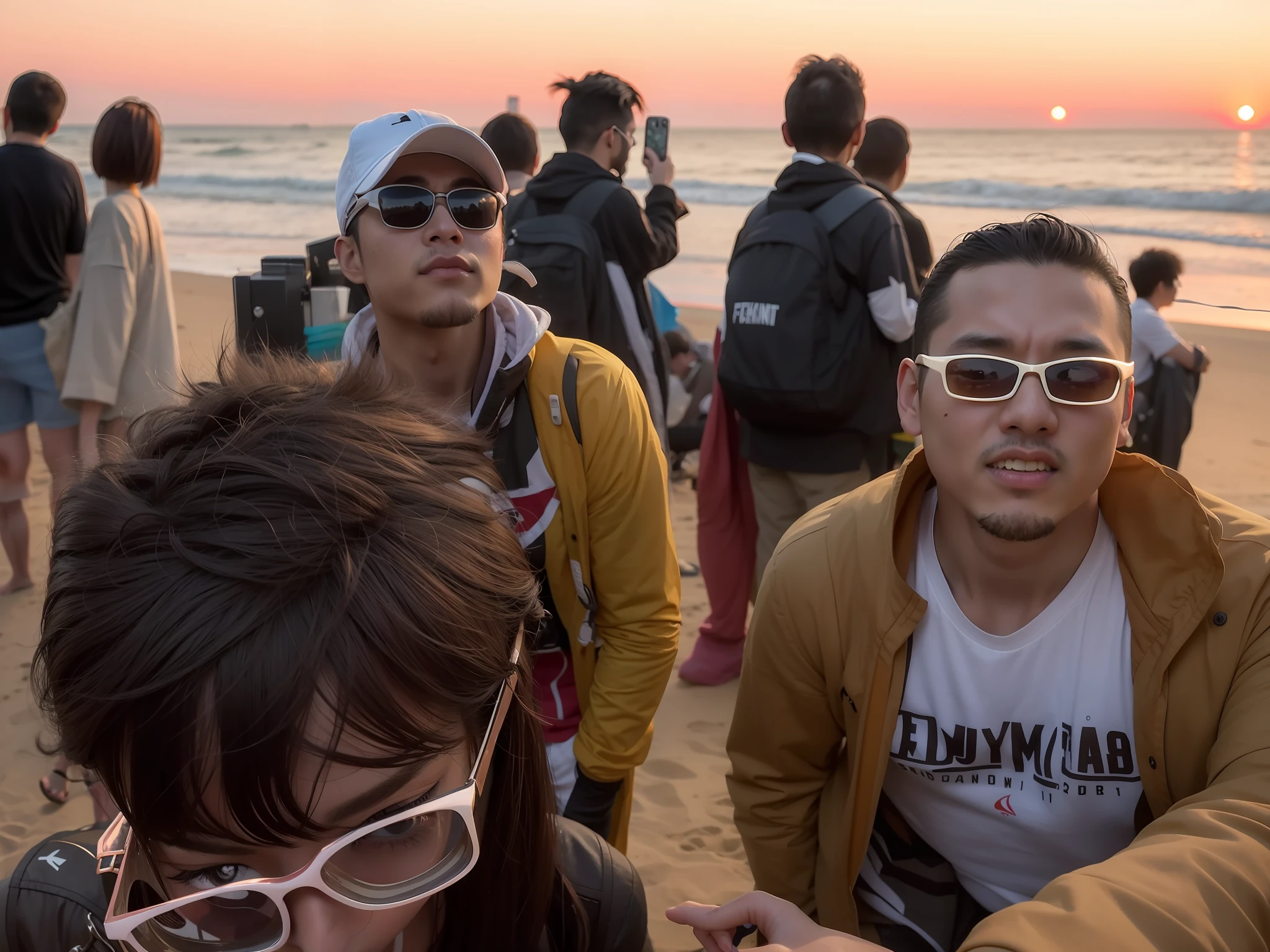 Several people standing on the beach with several umbrellas, With sunset, Ruan Jia and Fenghua Zhong, jin shan and ross tran, during sunrise, with sunglass, selfie shot straight on angle, # overclocking, #overclocking, profile picture 1024px, high quality upload