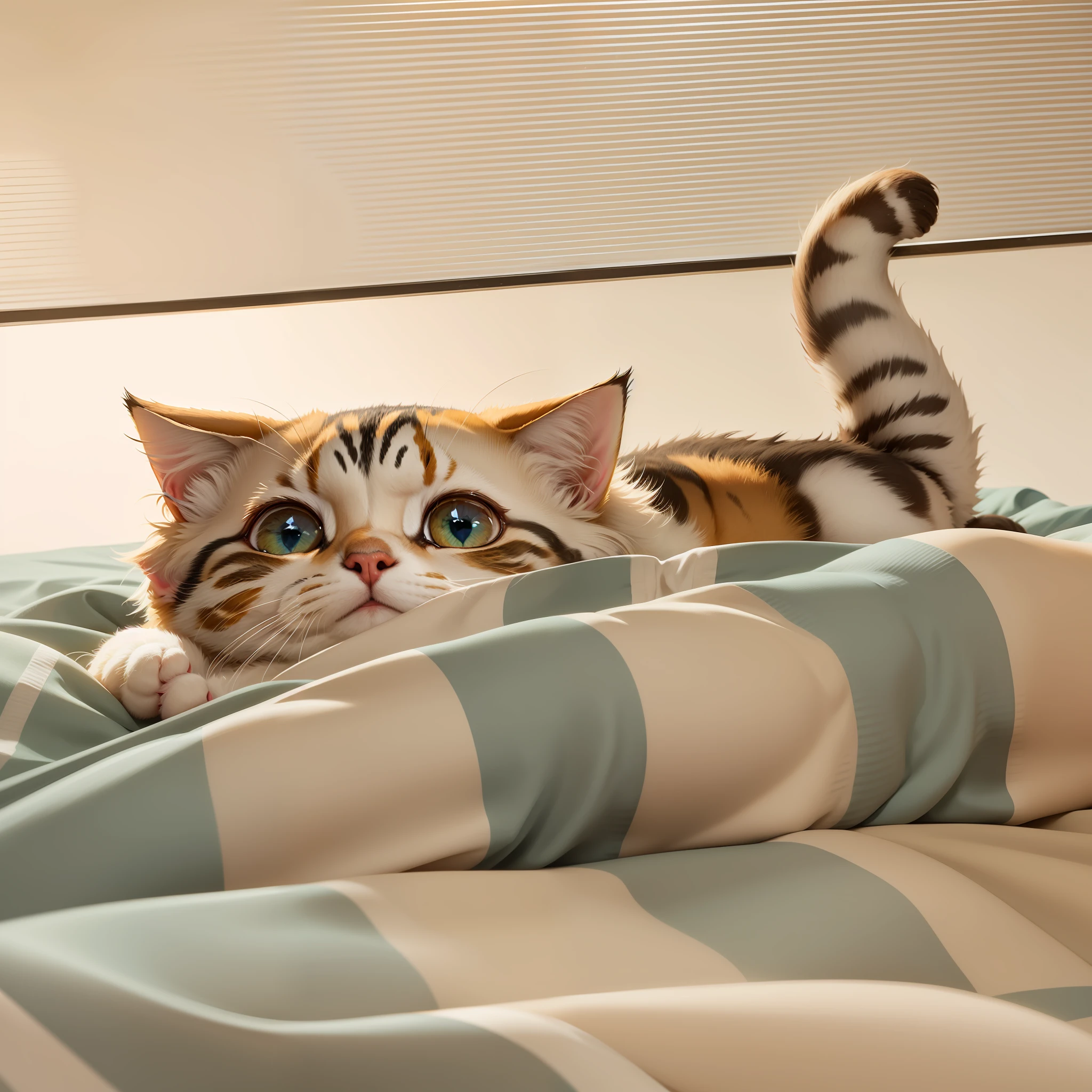there is a cat that is laying down on a bed,There were blankets, with cute doting eyes, largeeyes, Cute cat, A cute cat, cute cat photo, Big cute eyes Round and cute big eyes, Kawaii cat, on my bed, The dream animal is very beautiful and golden, gradation, sticky --auto