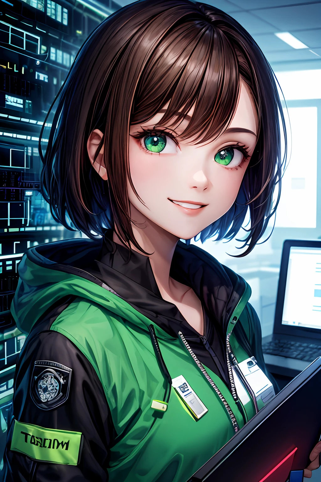 masterpiece, best quality, ultra-detailed, 1girl, medium, gorgeous face, Japanese and Russian mix, brown hair, short hair, techwear, wearable device, keycard, electronics, professional hacker, hacking systems, virus, bugs, error signs, evil smile, computer, server room in background, green lights,