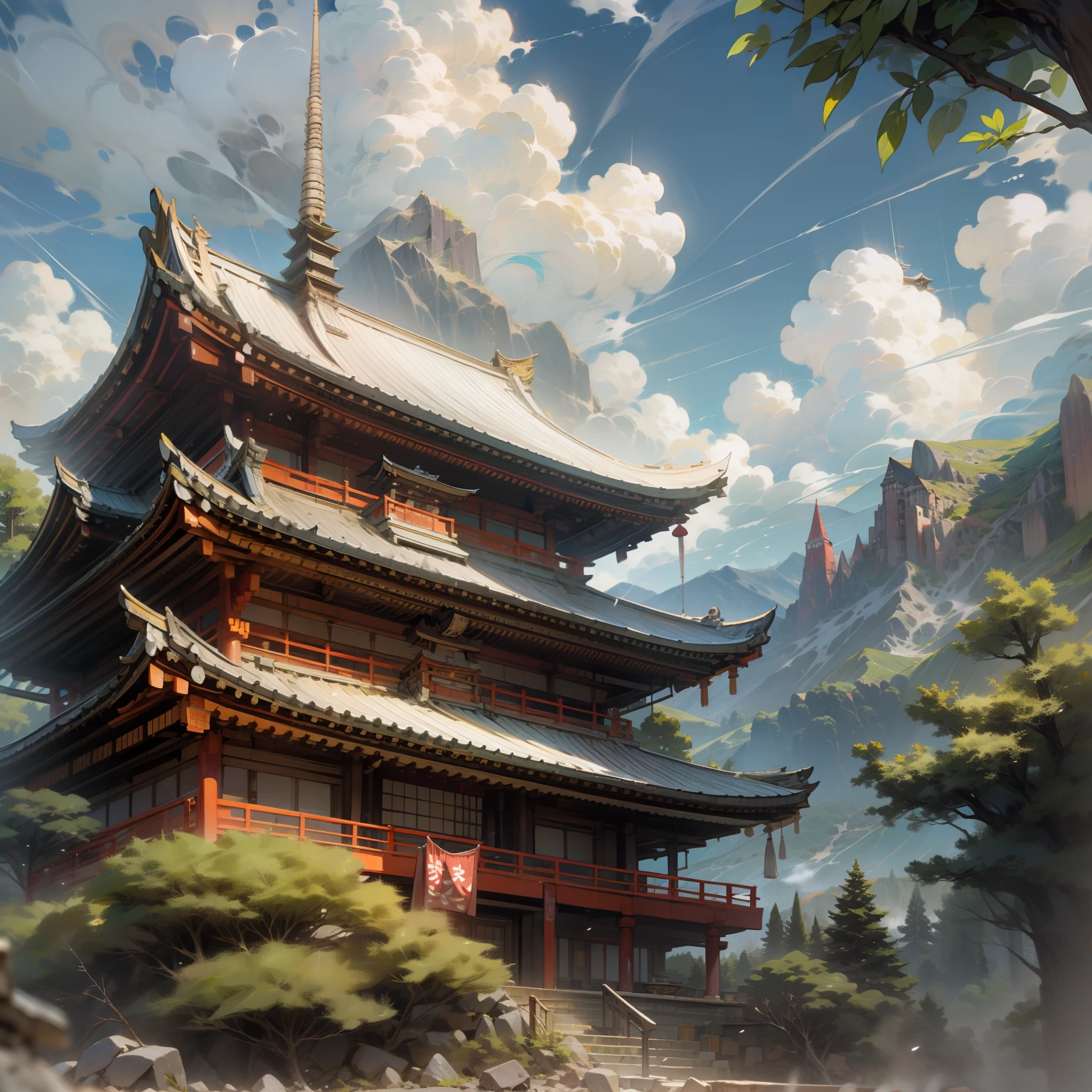 Meteora, Japanese style architecture, rock mountain, rock wall, the woods, clouds, sky, Temple on a rocky mountain