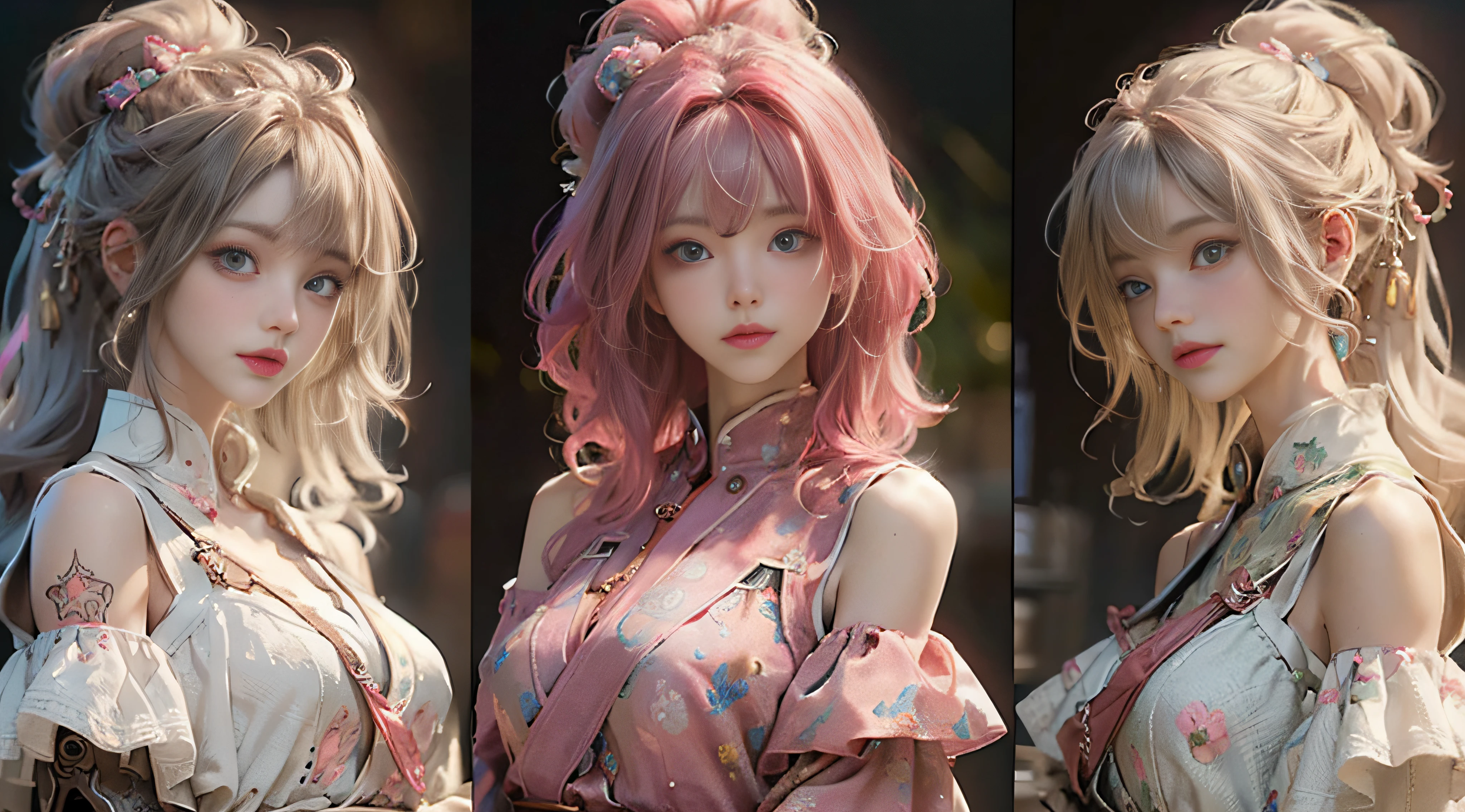 ((Best Quality)), ((Masterpiece)), (Detail: 1.4), 3D, Beautiful Cyberpunk Female Image, HDR (High Dynamic Range), Ray Tracing, NVIDIA RTX, Super Resolution, Unreal 5, Subsurface Scattering, PBR Texture, Post-Processing, Anisotropic Filtering, Depth of Field, Maximum Sharpness and Sharpness, Multi-layer Texture, Albedo and Highlight Mapping, Surface Coloring, Mitsu-Accurate Simulation of Material Interactions, Perfect Proportions, Octane Rendering, Two-color Light, Large Aperture, Low ISO, white balance, regular three-point, 8K RAW, beautiful bright pupils, off-the-shoulder clothes, fine pupils, delicate face and eyes, long eyelashes, blush, delicate and fluffy hair, pink lips, pure, cute, sweet girl, artistic sense, casual wear, high-end sense