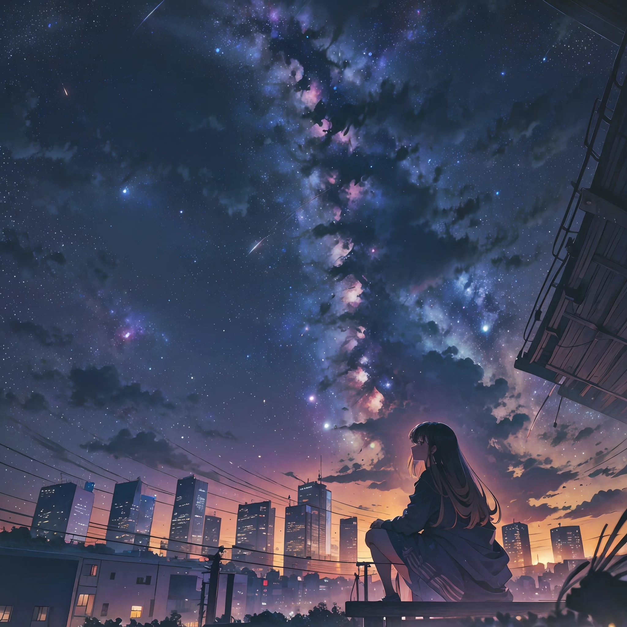 octans, sky, star (sky), scenery, starry sky, night, 1girl, night sky, solo, outdoors, building, cloud, milky way, sitting, tree, long hair, city, silhouette, cityscape --auto --s2