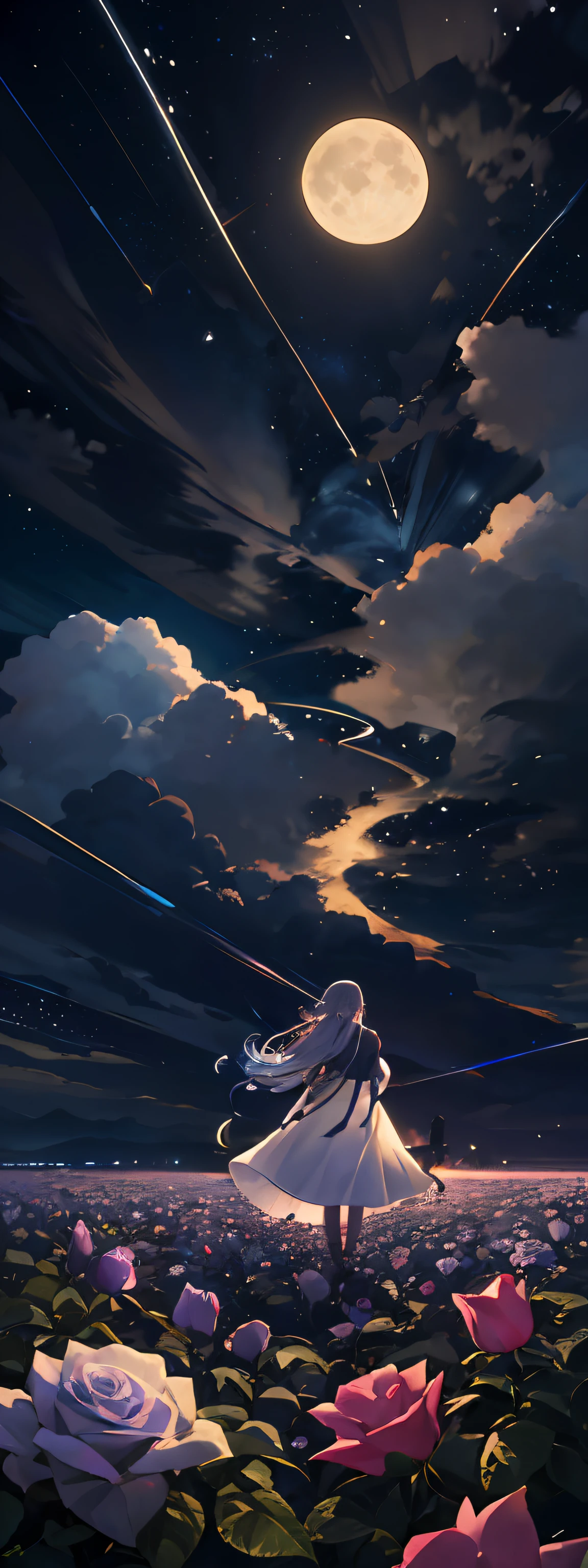 Expansive landscape photograph,(look from down,Above is the sky,Below are open fields),A girl standing on a flower field looking up,(moon full:1.2),(meteors:0.9),(Starcloud:1.3),Far Mountain, Tree BREAK making art,(Warm light source:1.2),(glowworm:1.2),lamp lights,Lots of purple and orange,Complicated details,Volumetriclighting,Realism BREAK(tmasterpiece:1.2),(best qualtiy),4k,Ultra-detailed,(dynamic compositions:1.4),The is very detailed,Colorful details,(Irridescent color:1.2),(luminouslighting,Atmospheric lighting),dream magical,magical,(独奏:1.2),long whitr hair,Floral dress,Rose flower,Flowers,
