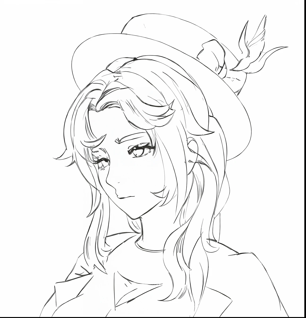 a drawing,A woman with a hat and a bird on her head, clean lineart, perfect lineart, linear art, Simple lines of art, thick lineart, clean anime outlines, Line art!!, Outline sketch, bold lineart, Line sketch, variable lineart, Line sketch!!, thick line art, thick black lineart, outline art, Simple line art --auto