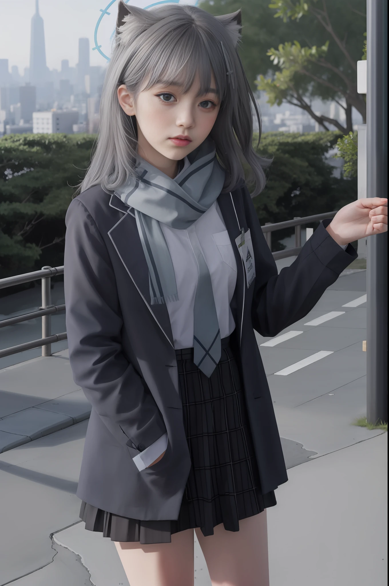 aquarelle，girls，jpn，komono，The background is Tokyo Tower，Slim，Gray hair，JK school uniform