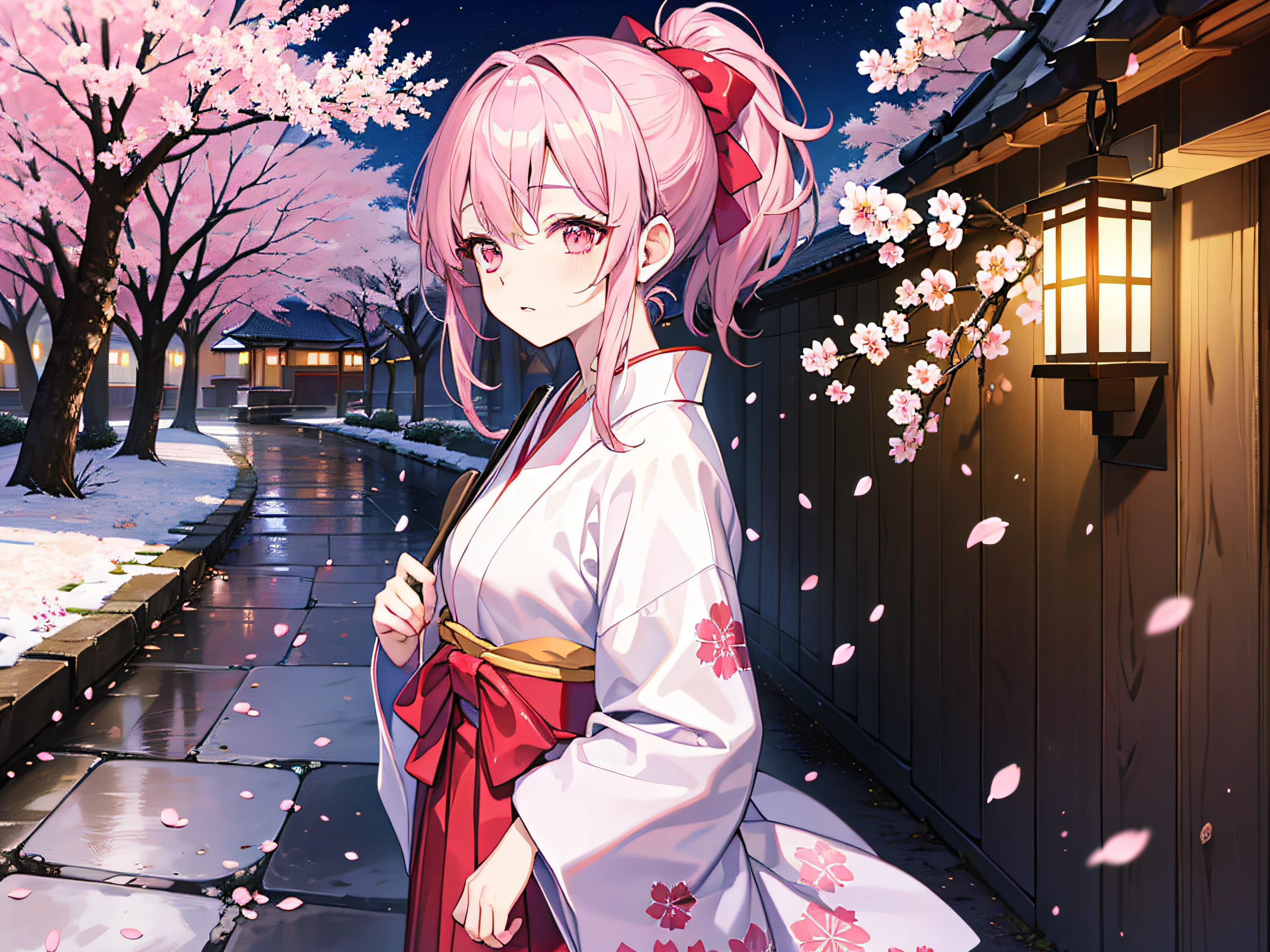 Pale pink eyes，Cherry blossom lantern hakama，Long-edged ponytail，A pink-haired，clogs，gentle expressions，Cherry blossom forest，the night，tmasterpiece，4K，Award-winning photos，best qualtiy，A high resolution，extremely detaile，finely detailled，Highly detailed woman，Extremely detailed eyes and face，Perfect female body，Pink bow headband，full bodyesbian，Japanese-style village，Lanterns，half-close eyes，teens girl，standing on your feet