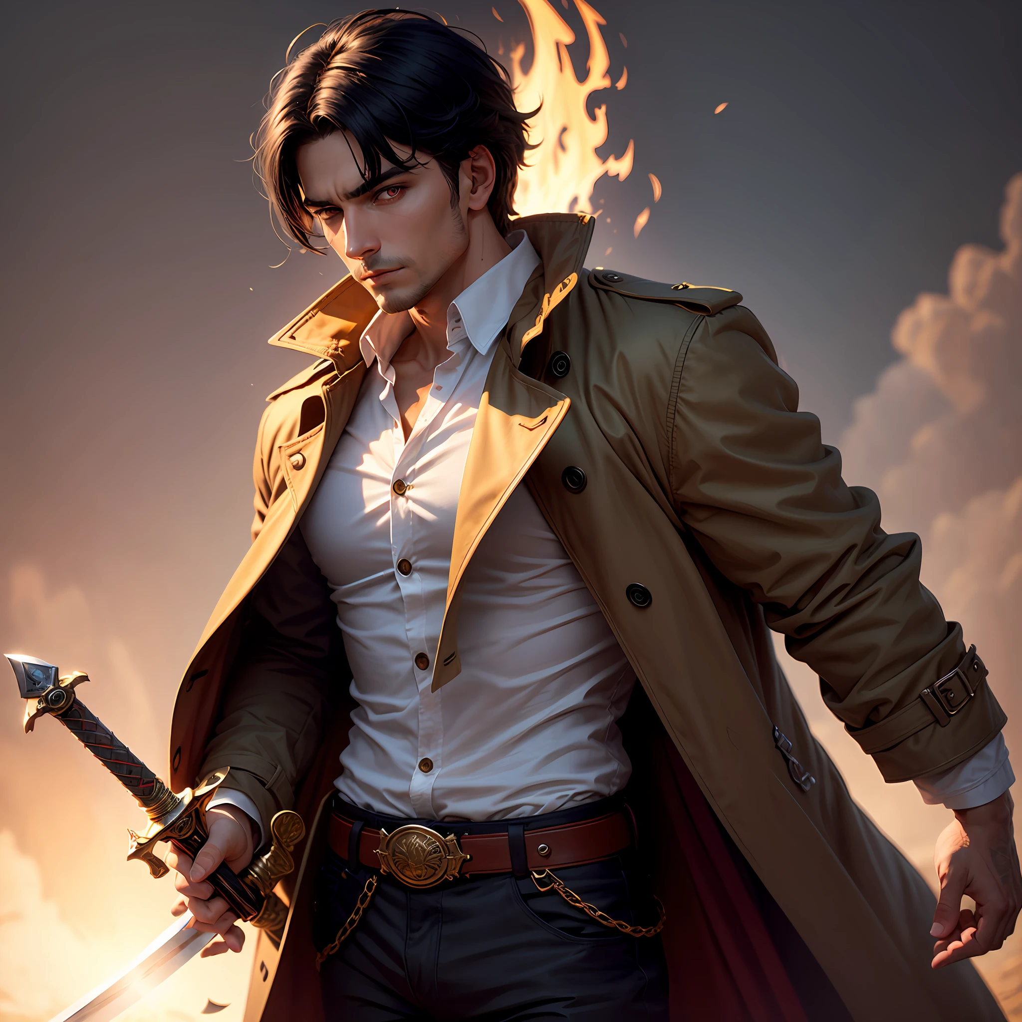 Mature male dressed in a gorgeous trench coat, black hair and red eyes, holding a Western sword, gorgeous background, golden light --auto