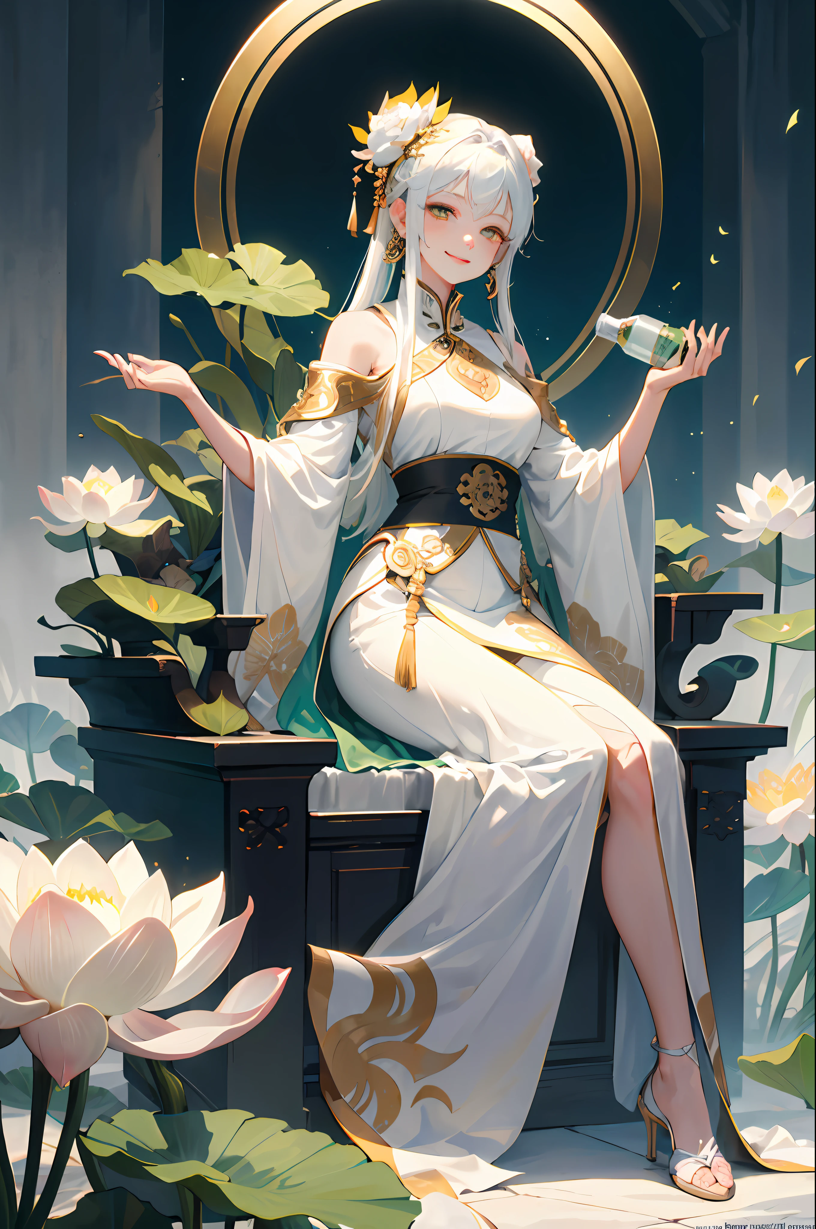 dreamy, serene, white and green:1.2),
(full body, sitting, Guanyin with jade bottle:1.1),(praying hands),(blessing),(smiling),(compassionate),
(lotus throne, floating, below Guanyin:1.2),
(lotus flowers, branches),
(dry ice, fog, below:1.1),
(from front),(medium shot),
As she sits on a floating lotus throne, Guanyin holds a jade bottle and makes a praying gesture. She smiles and blesses the world with her compassion. Behind her, lotus flowers and branches surround her, creating a natural and peaceful backdrop. Below her, dry ice forms a fog that adds to the dreamy atmosphere. The main colors are white and green, creating a pure and harmonious mood.
(magazine:1.3), (cover-style:1.3), fashionable, woman, vibrant, outfit, posing, front, colorful, dynamic, background, elements, confident, expression, holding, statement, accessory, majestic, coiled, around, touch, scene, text, cover, bold, attention-grabbing, title, stylish, font, catchy, headline, larger, striking, modern, trendy, focus, fashion,