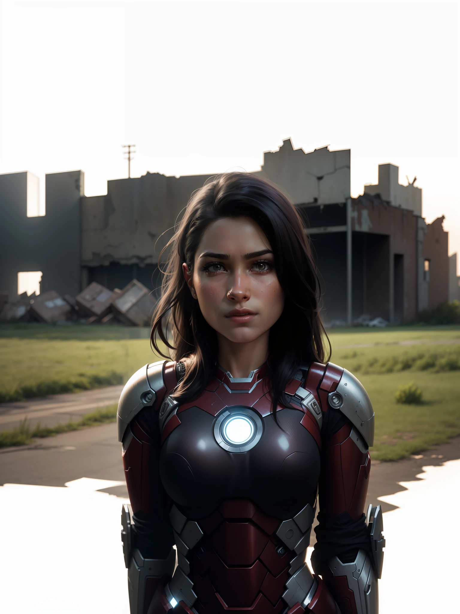 8k, realistic, attractive, highly detailed, a 20 year old girl , inspired by Iron Man wearing a shiny Iron Man mech. She dresses with sexiness and confidence, perfectly interpreting Iron Man's strength and charisma. The abandoned warehouse serves as a backdrop, creating a unique atmosphere that highlights her bravery and perseverance. The cloudy sky adds a sense of tension and mystery to the whole scene. This high-definition, high-quality picture will bring you a shocking visual experience. The detailed abandoned warehouse and shiny mechs will keep your eyes on you. oc rendering, dramatic lighting, award winning quality