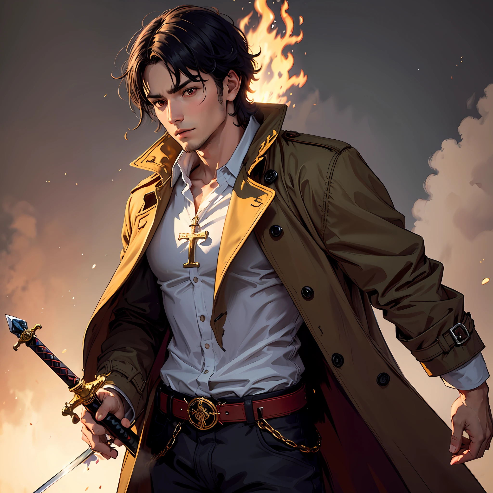 Young man in a gorgeous trench coat, Black hair and red eyes, Armed with a western sword, Gorgeous background, Golden light, long hair, full body, wearing crosses in many places