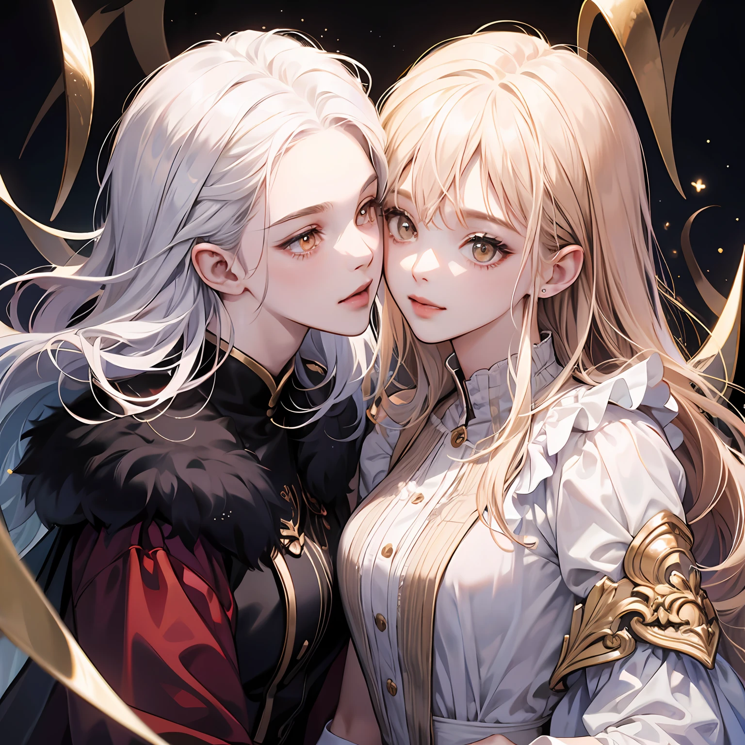 （tmasterpiece,Highest image quality,extreme hight detail),Highlight the charm,Suspended in the air,White hair,Gold eyes，Two girls kissing --auto