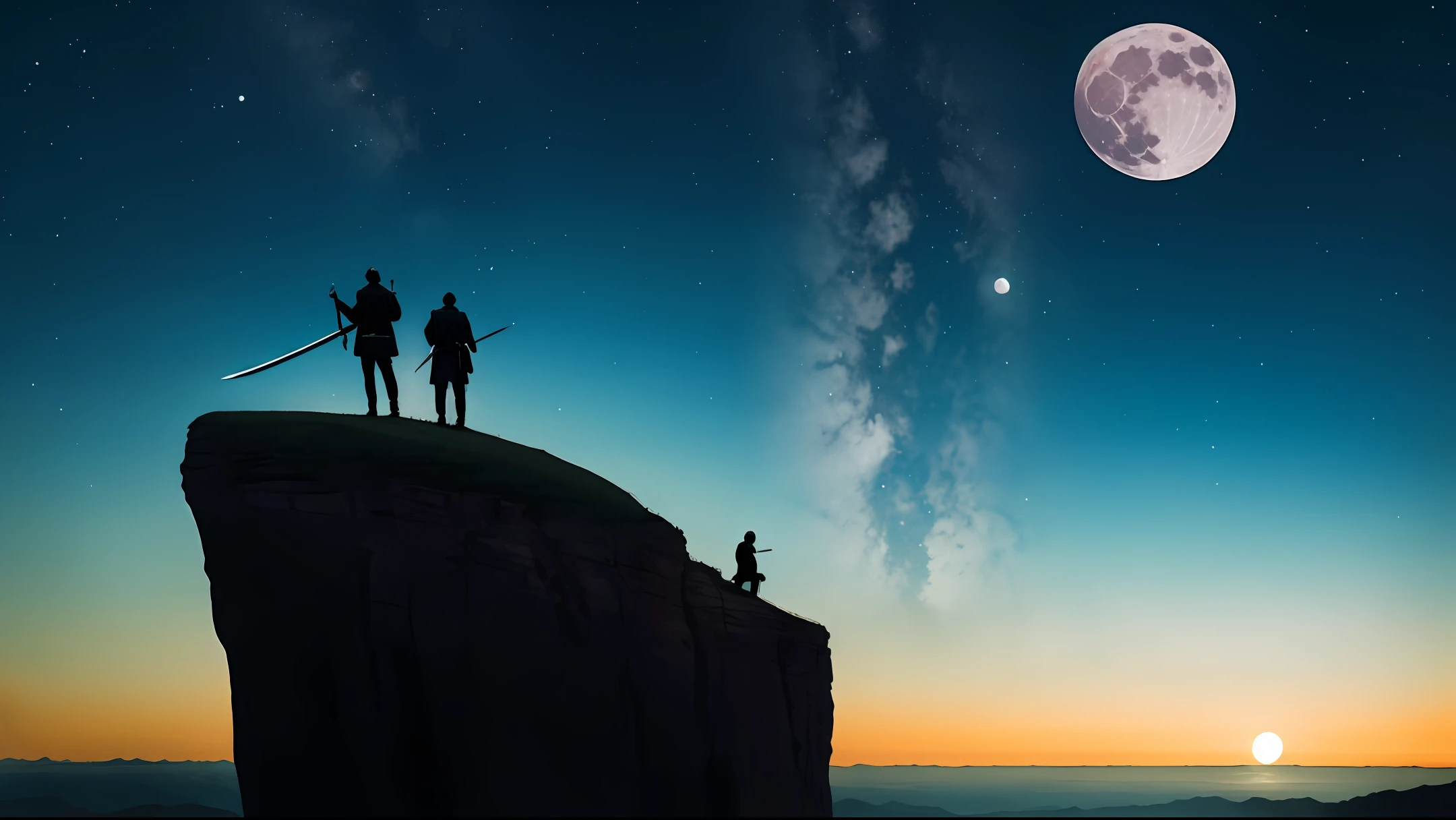 A man in black on the edge of the cliff holds a long sword,Look up at the moon in the distance