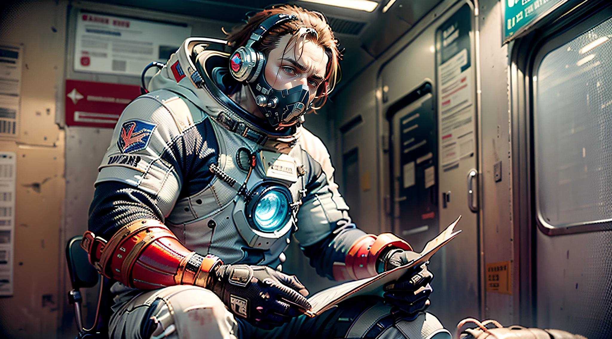 A man in a spacesuit from radiation sits on a chair. ,Play notebook with 2 hands against the background of abandoned subway and slugs., after the apocalypse Photorealistic, ultra photoreal, ultra-detail, intricate detailed, Super Detailed, Full color, Volumetric lightning, HDR, Realistic, unreal engine, crisp focus